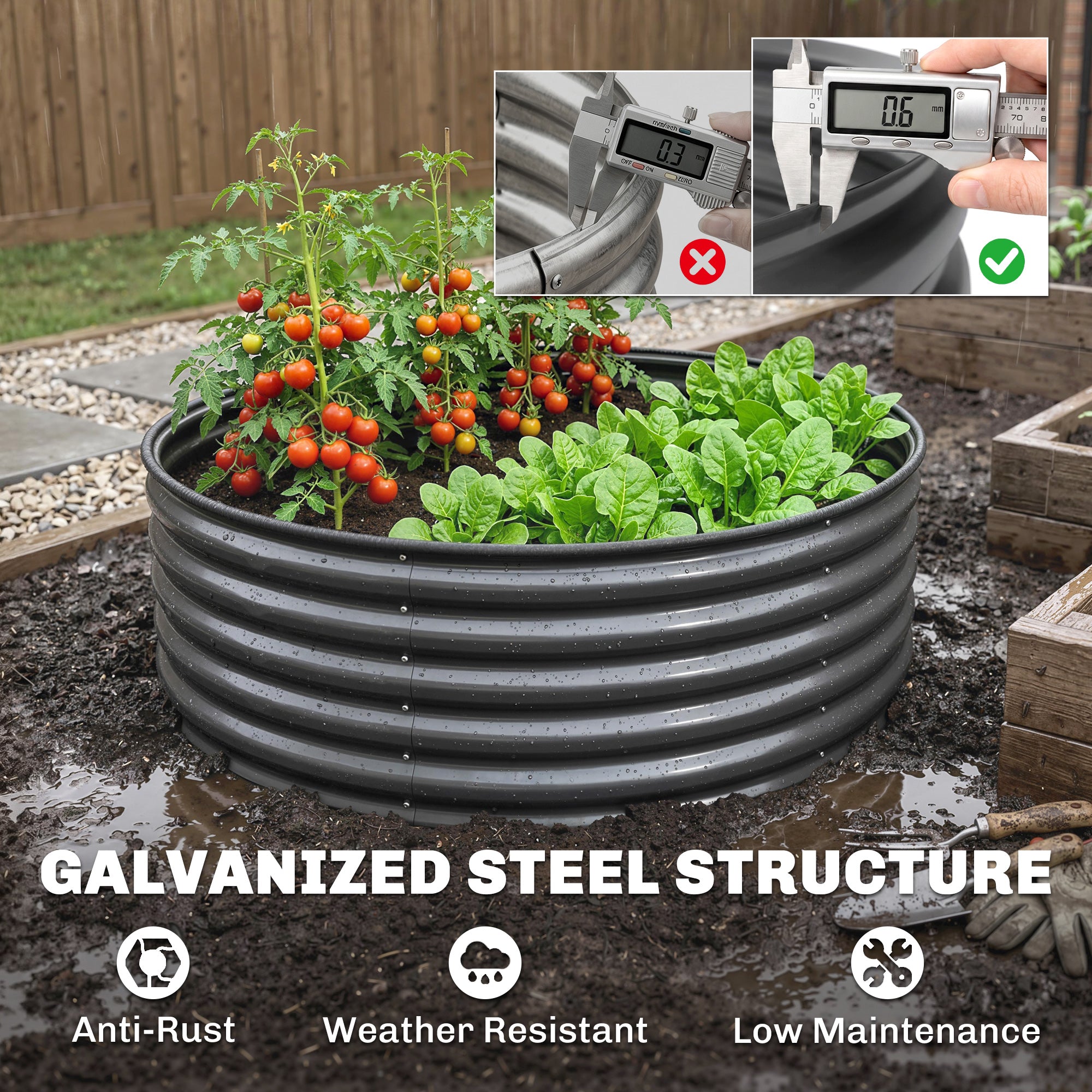 Outsunny Galvanised Raised Garden Bed with Safety Edging, Outdoor Raised Planter Box with Gloves, 120 x 120 x 43cm, Dark Grey