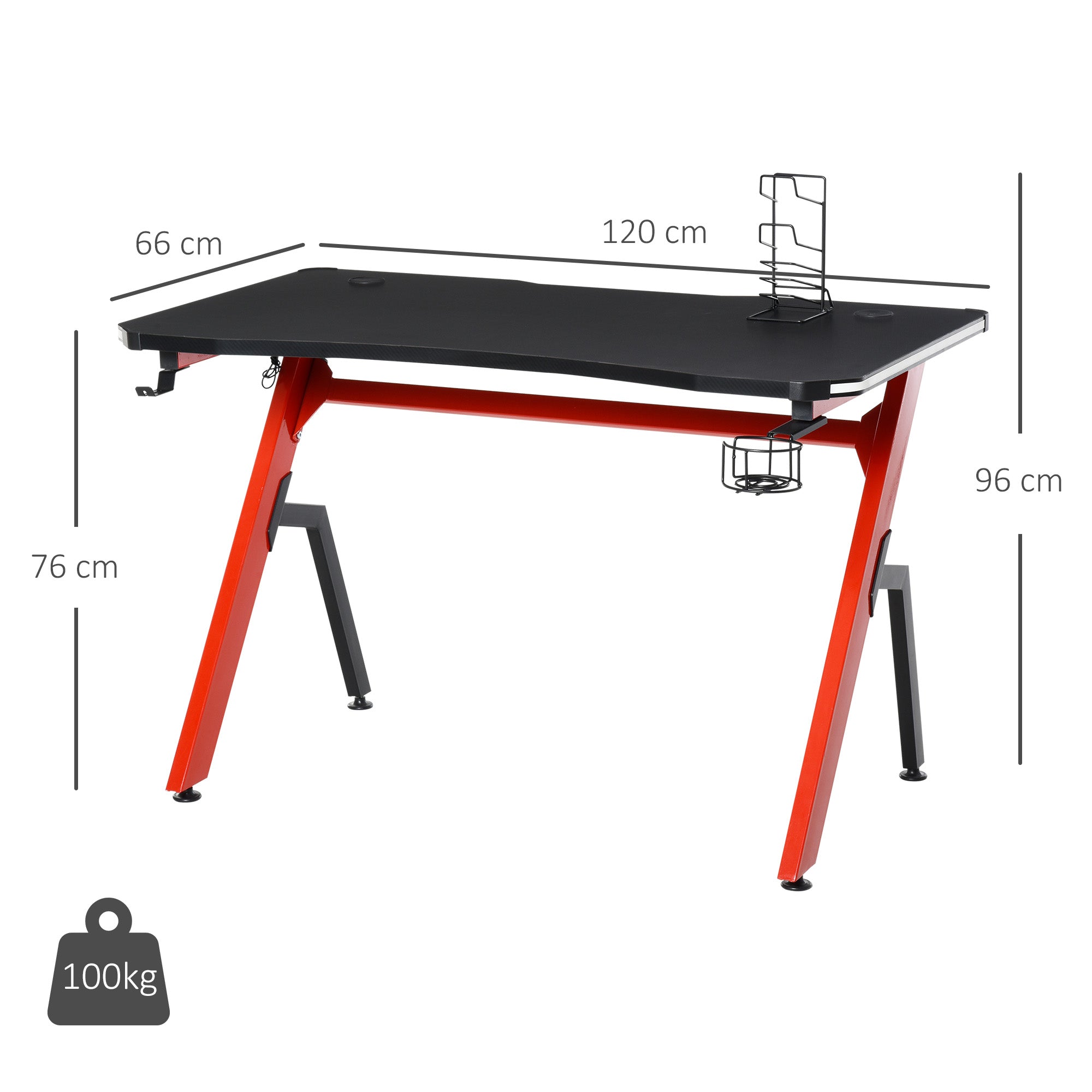 HOMCOM RGB 120 x 66cm Gaming Desk, Computer Table with Carbon Fibre Surface, Headphone Hook, Cup Holder, Controller Rack, Home Office Desk, Black and Red