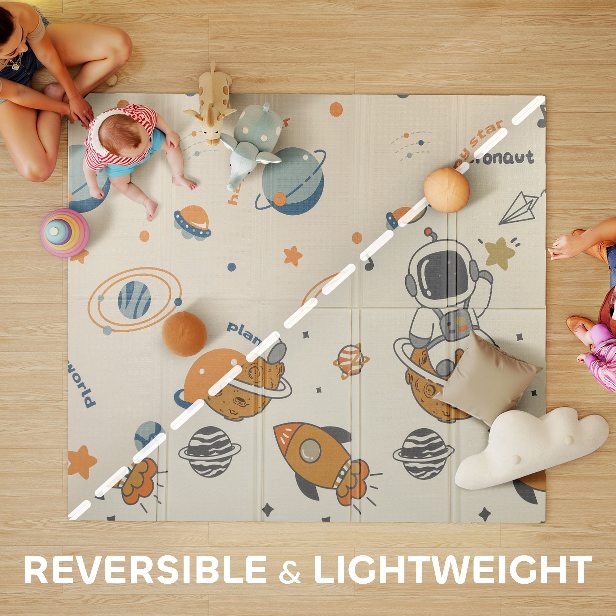 AIYAPLAY Baby Play Mat, Double Sideded Foldable Kids Crawling Mat, Reversible & Waterproof, Astronaut and Planet
