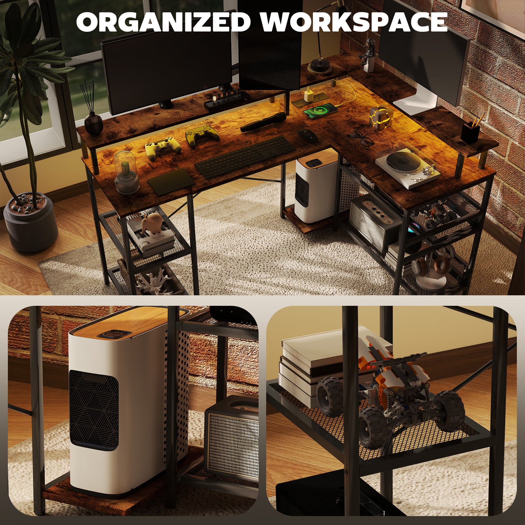 HOMCOM L Shaped Gaming Desk with LED Lights and Power Outlets, 150cm Corner Computer Desk with Monitor Stand and Storage Shelves, Home Office Desk for Small Space, Rustic Brown - North Peak Garden Furniture