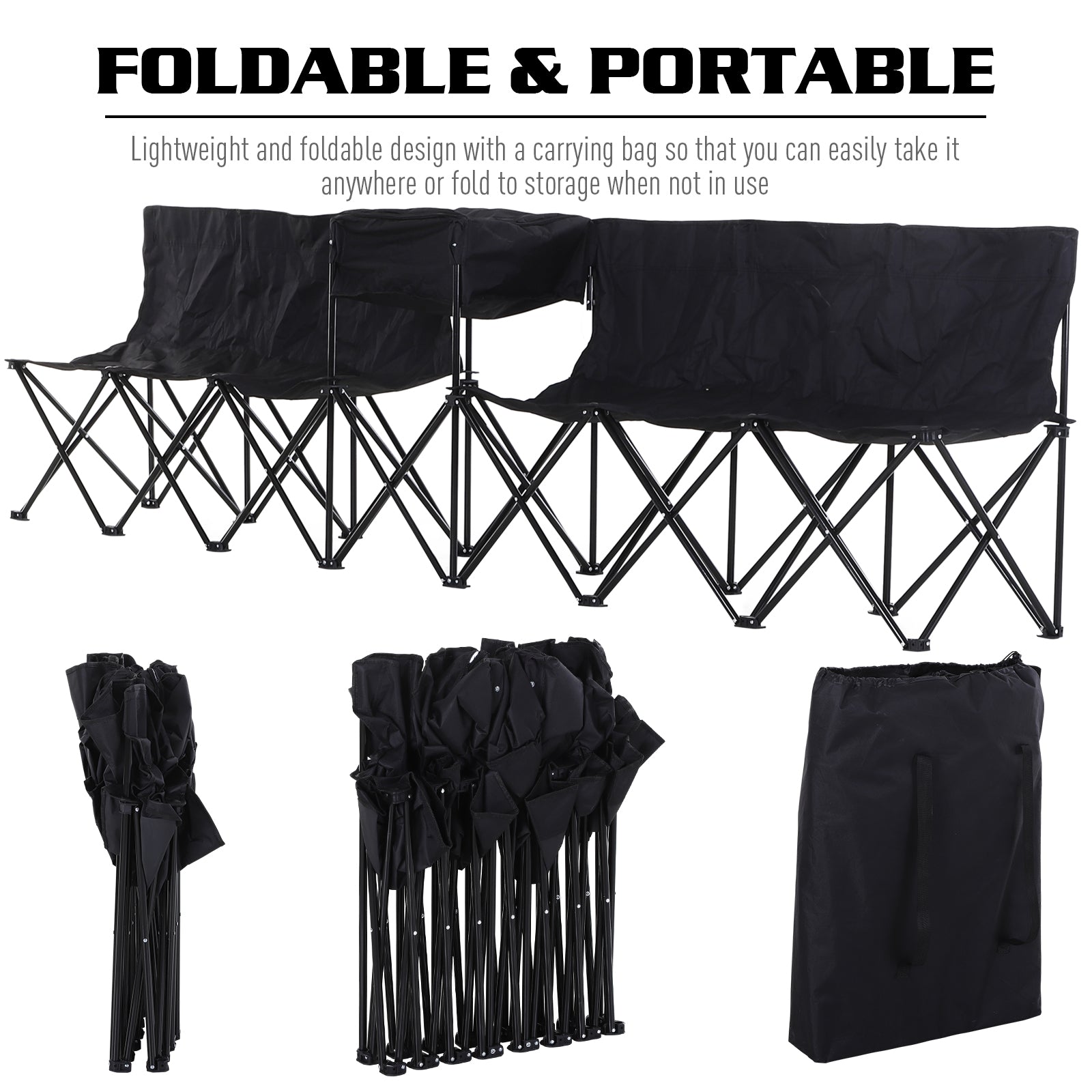 Outsunny 6 Seat Folding Sports Bench Portable Sports Team Bench Spectator Chair with Cooler Bag and Carrying Bag for Outdoor Picnic Camping - Black - North Peak Garden Furniture