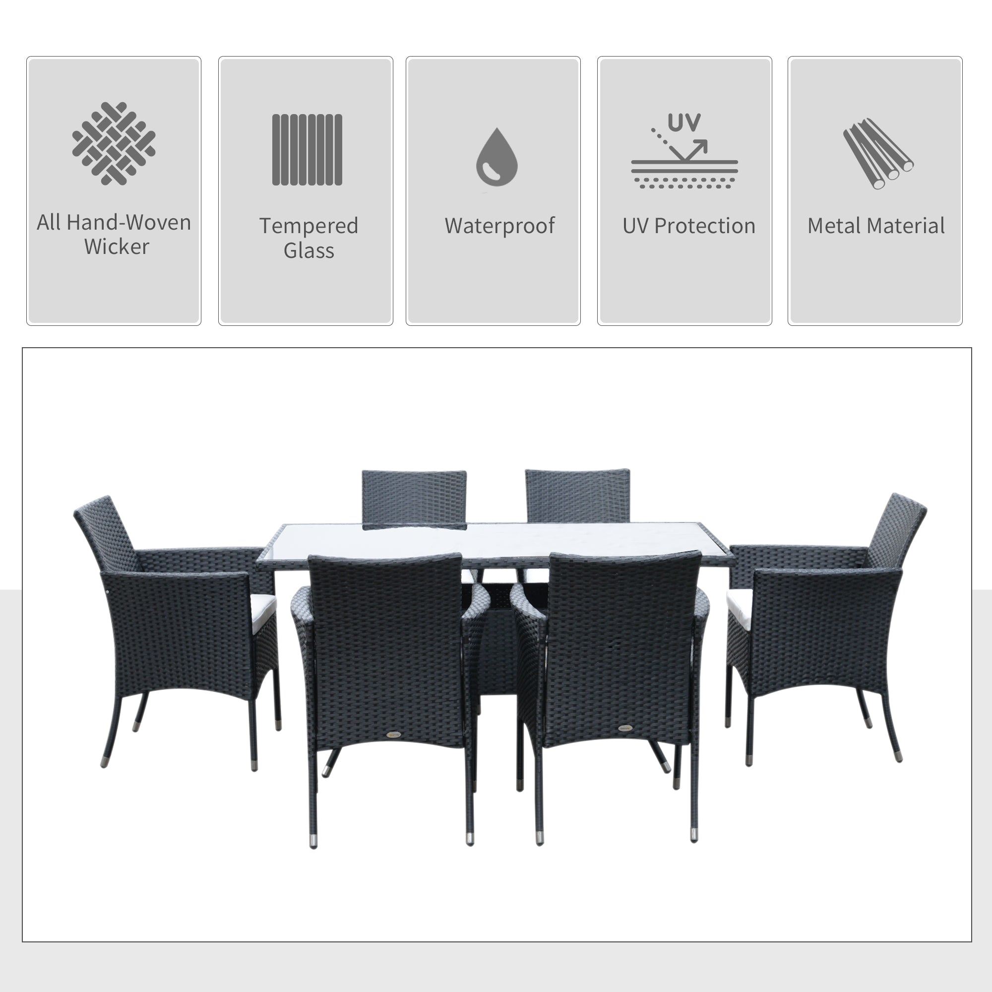 Outsunny 6 Seater Rattan Dining Set with Cushions, Rattan Garden Furniture Set with 6 Armchairs, Rectangular Glass Top Table, Outdoor Dining Table and Chairs, Black - North Peak Garden Furniture