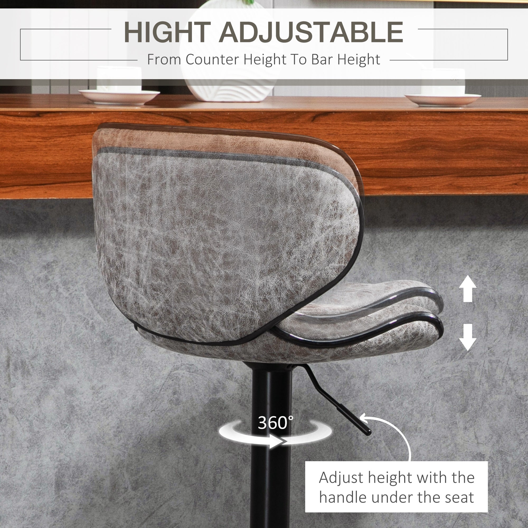 HOMCOM Bar Stool Set of 2 Microfiber Cloth Adjustable Height Armless Chairs with Swivel Seat, Grey - North Peak Garden Furniture