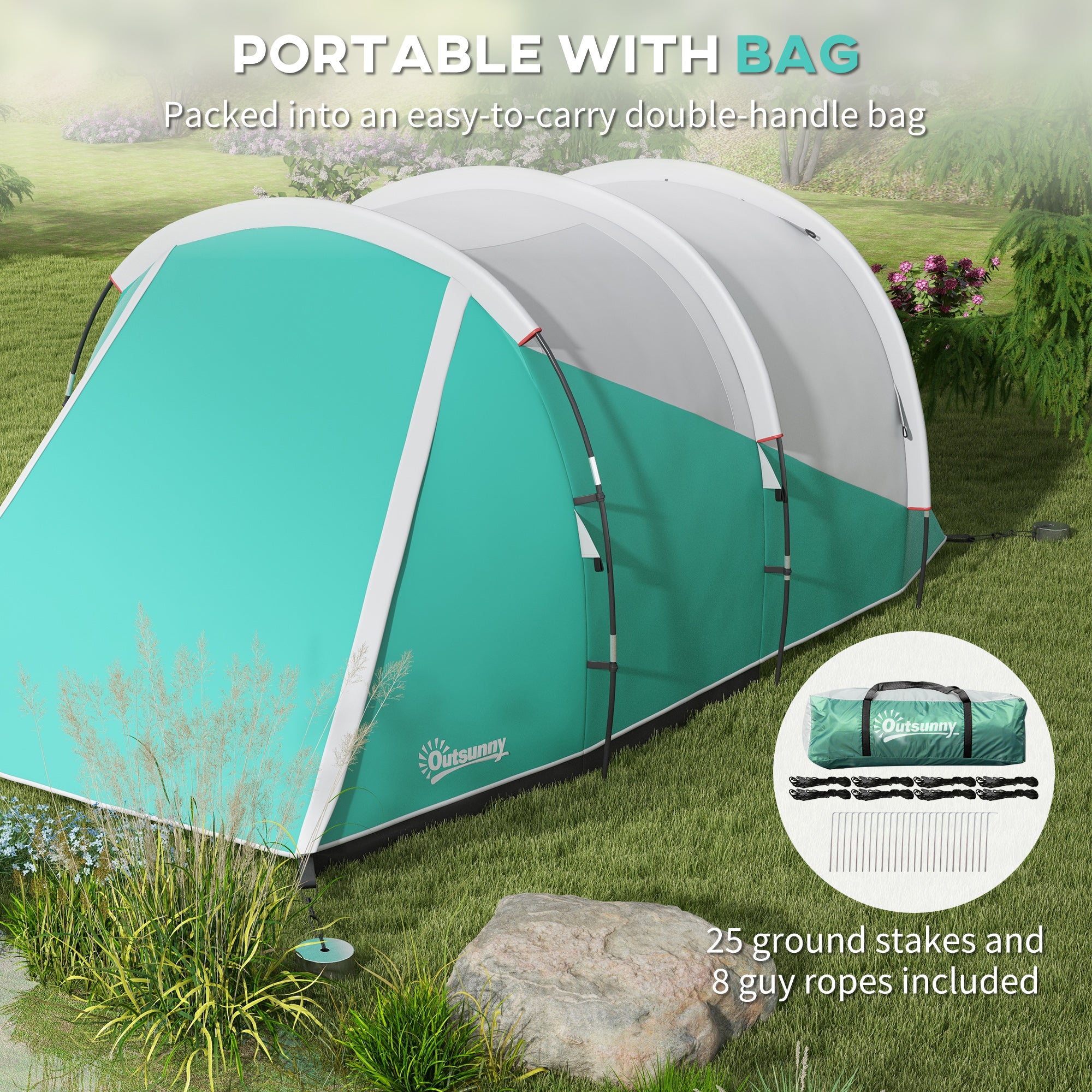 Outsunny Three-Man, 3000mm Water-Resistant Two-Room Tunnel Tent - Green - North Peak Garden Furniture