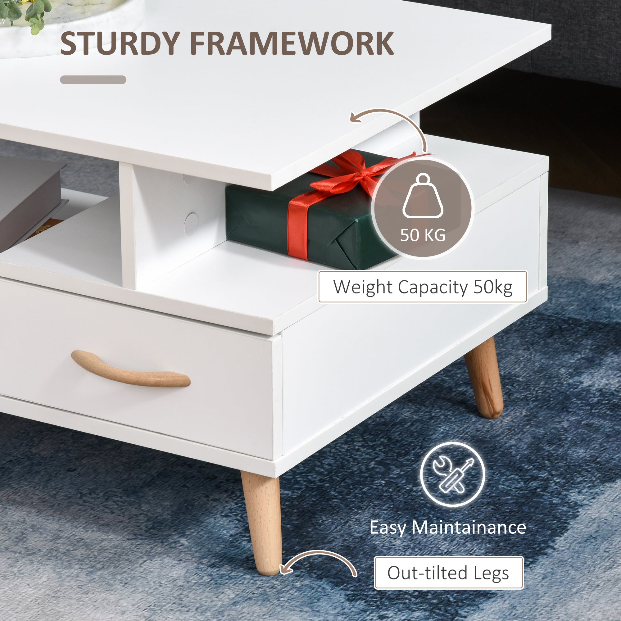 HOMCOM Modern Minimalism Coffee Table with Storage, Sofa Side Table with Shelf & Drawer for Living Room Reception Room, White - North Peak Garden Furniture