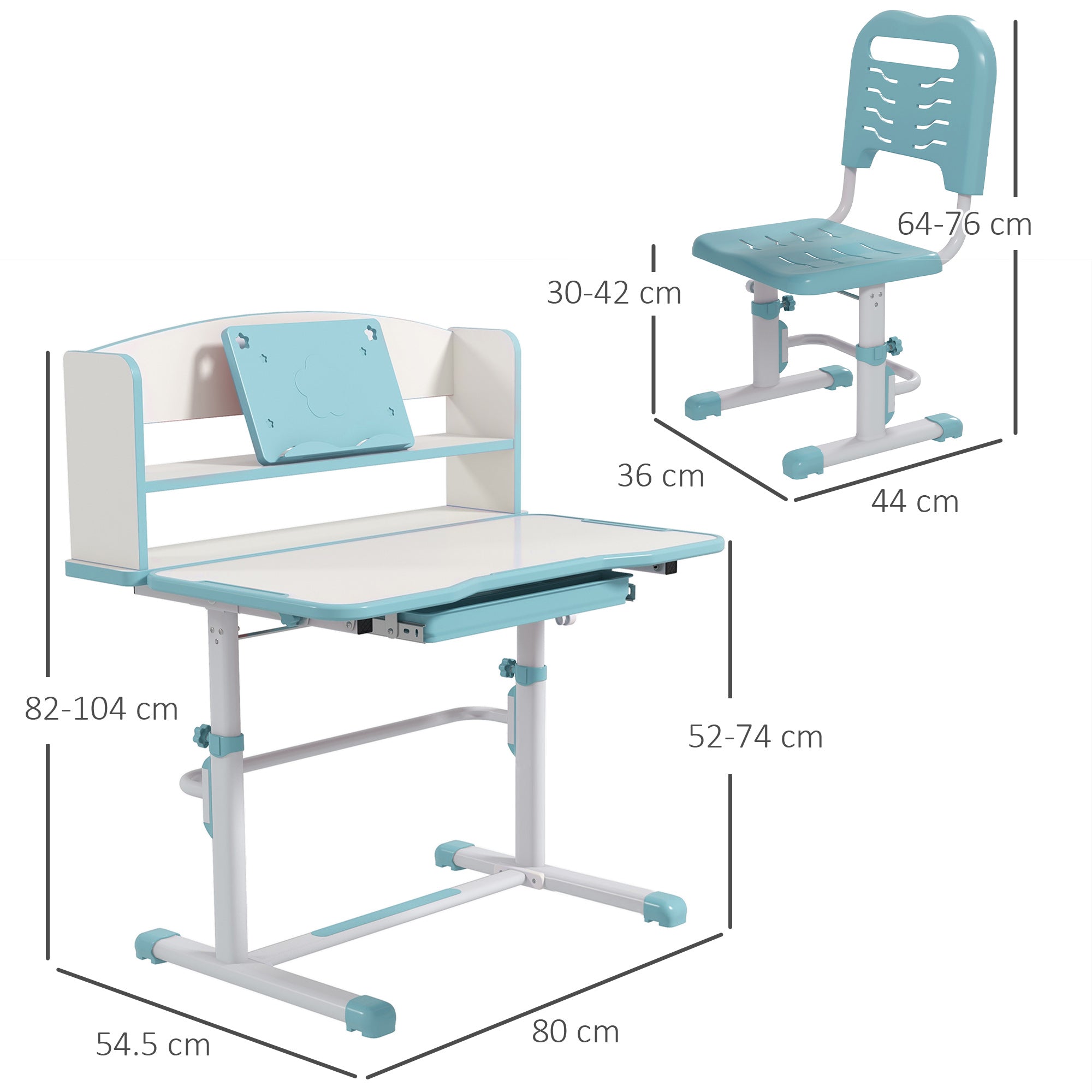 ZONEKIZ Height Adjustable Kids Study Table and Chair Set, with Drawer, Storage Shelf, 80 x 54.5 x 104 cm, Blue - North Peak Garden Furniture
