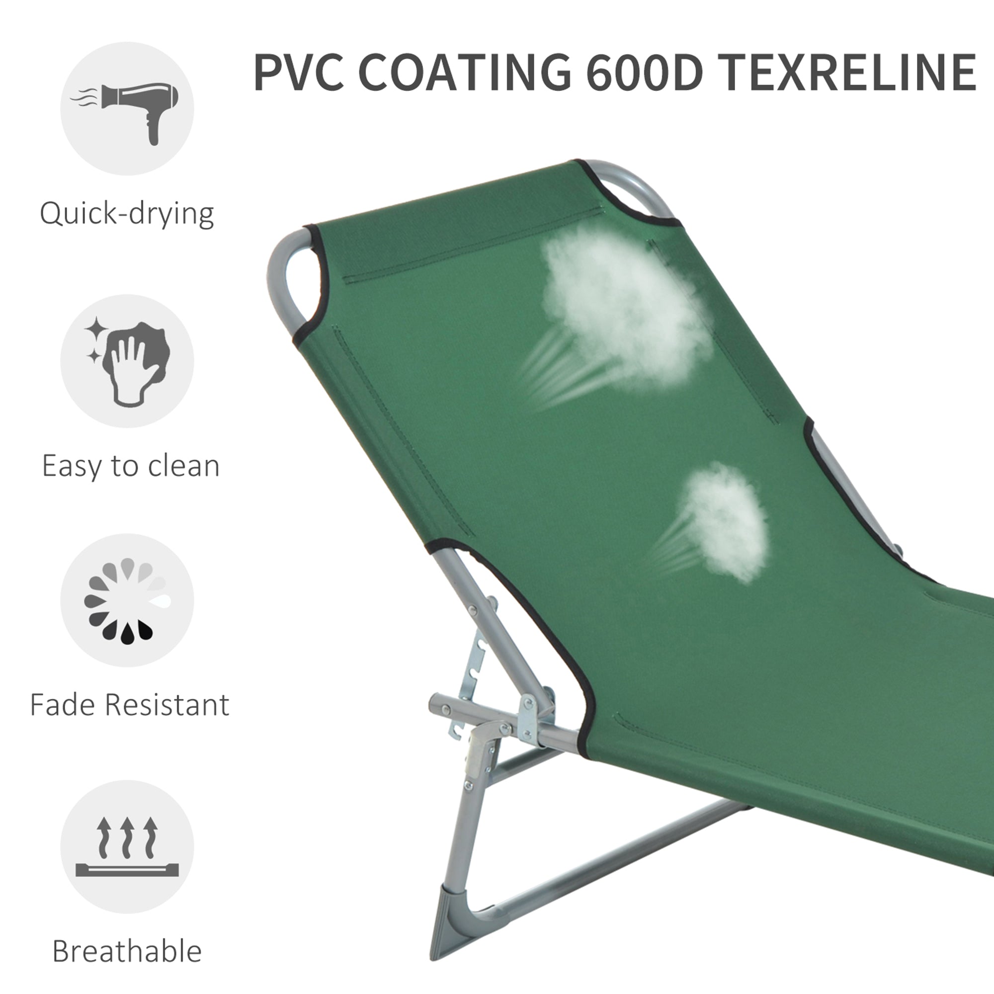 Outsunny Reclining Sun Lounger Chair Folding Camping Bed with 4-Position Adjustable Backrest, for Travel Indoor Outdoor Office Fishing, Green - North Peak Garden Furniture