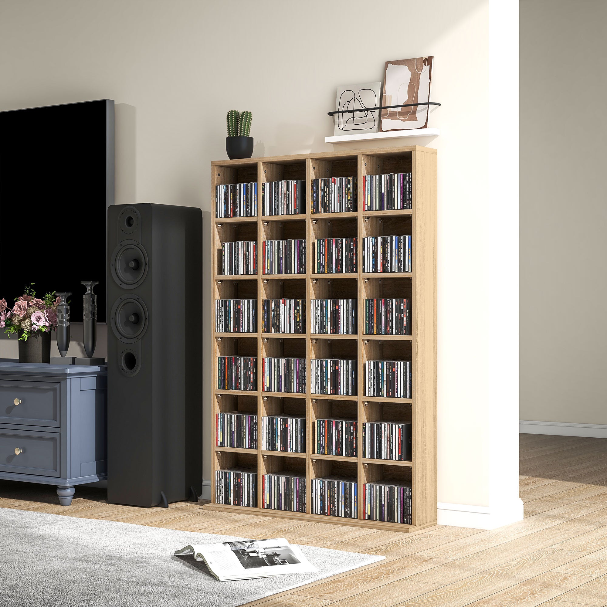 HOMCOM CD Storage Unit with Adjustable Shelves, 89 x 130.5 cm, Natural Wood Finish - North Peak Garden Furniture