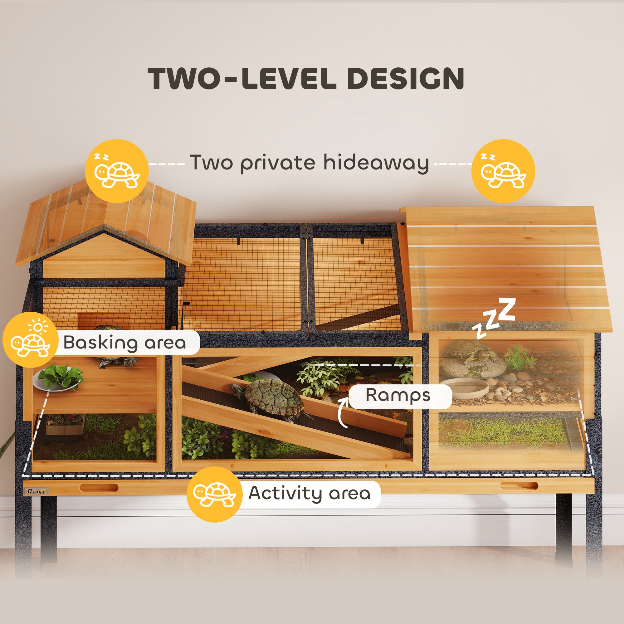PawHut Wooden Tortoise House with Stand Legs, Clear Observation Windows, Ramps, Openable Top, Built-in Tray, Yellow
