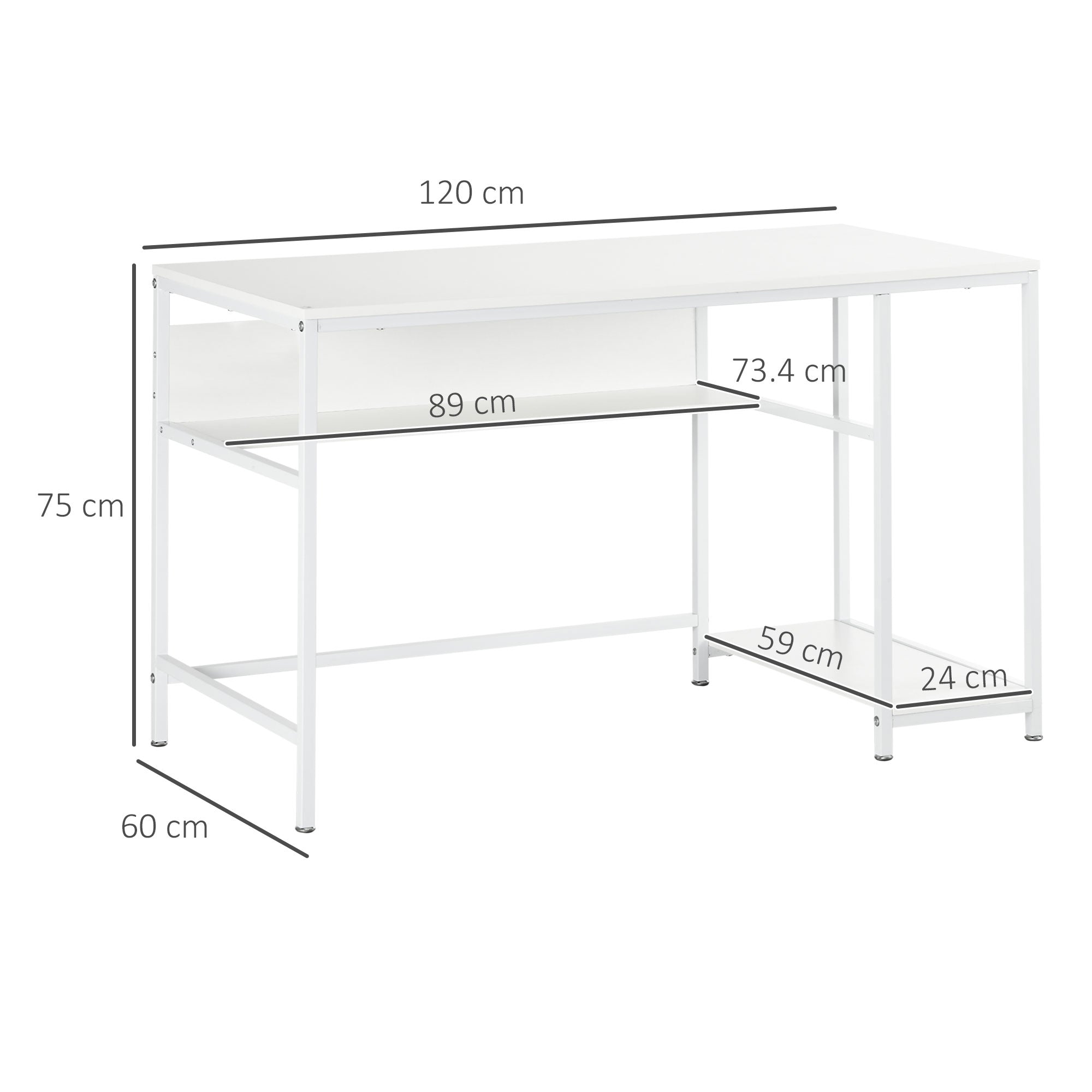 HOMCOM Computer Desk with Storage, 120 x 60cm Home Office Desk with 2 Shelves and Steel Frame, Writing Table for Living Room, Study, White