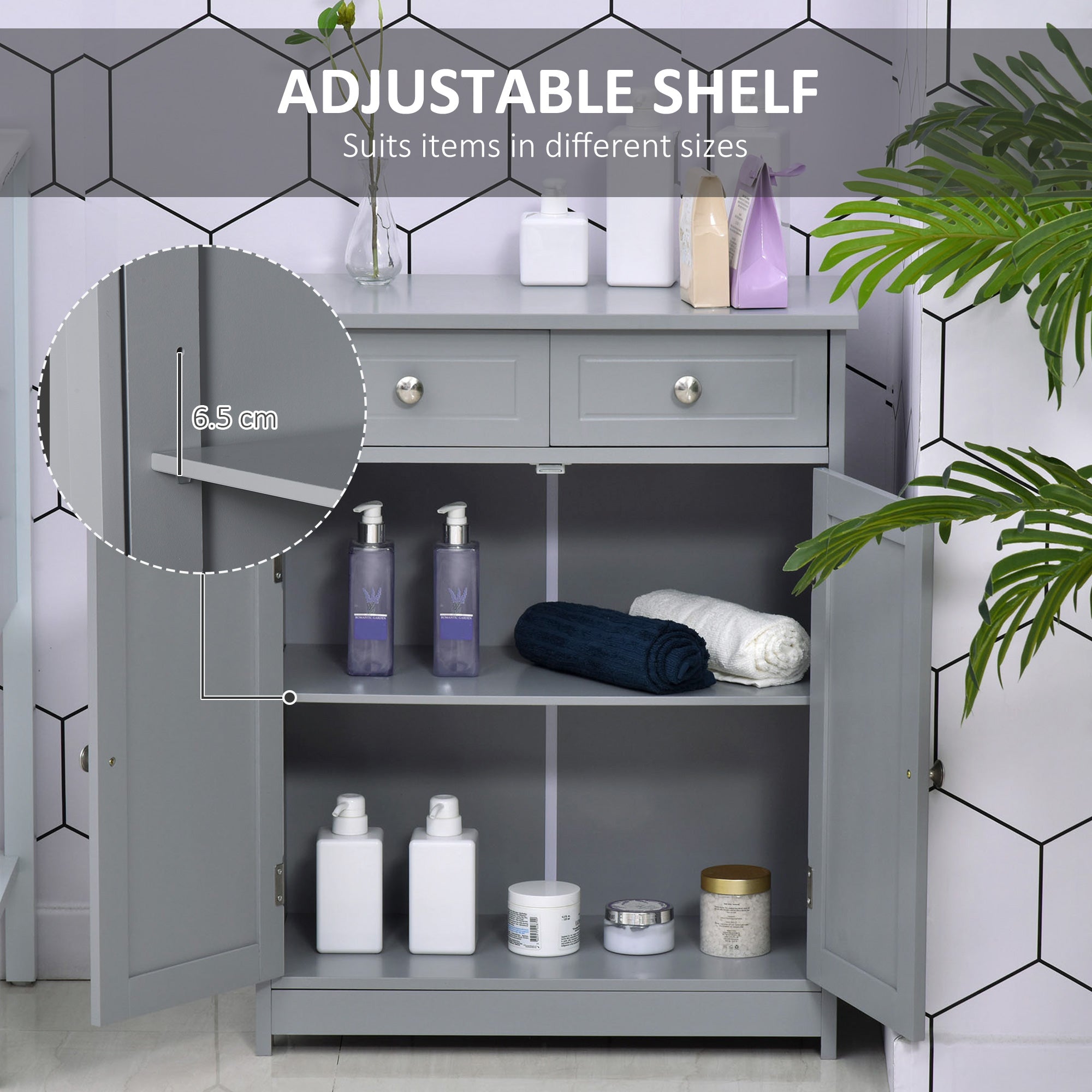 kleankin 75x60cm Freestanding Bathroom Storage Cabinet Unit w/ 2 Drawers Cupboard Adjustable Shelf Metal Handles Traditional Style Grey - North Peak Garden Furniture