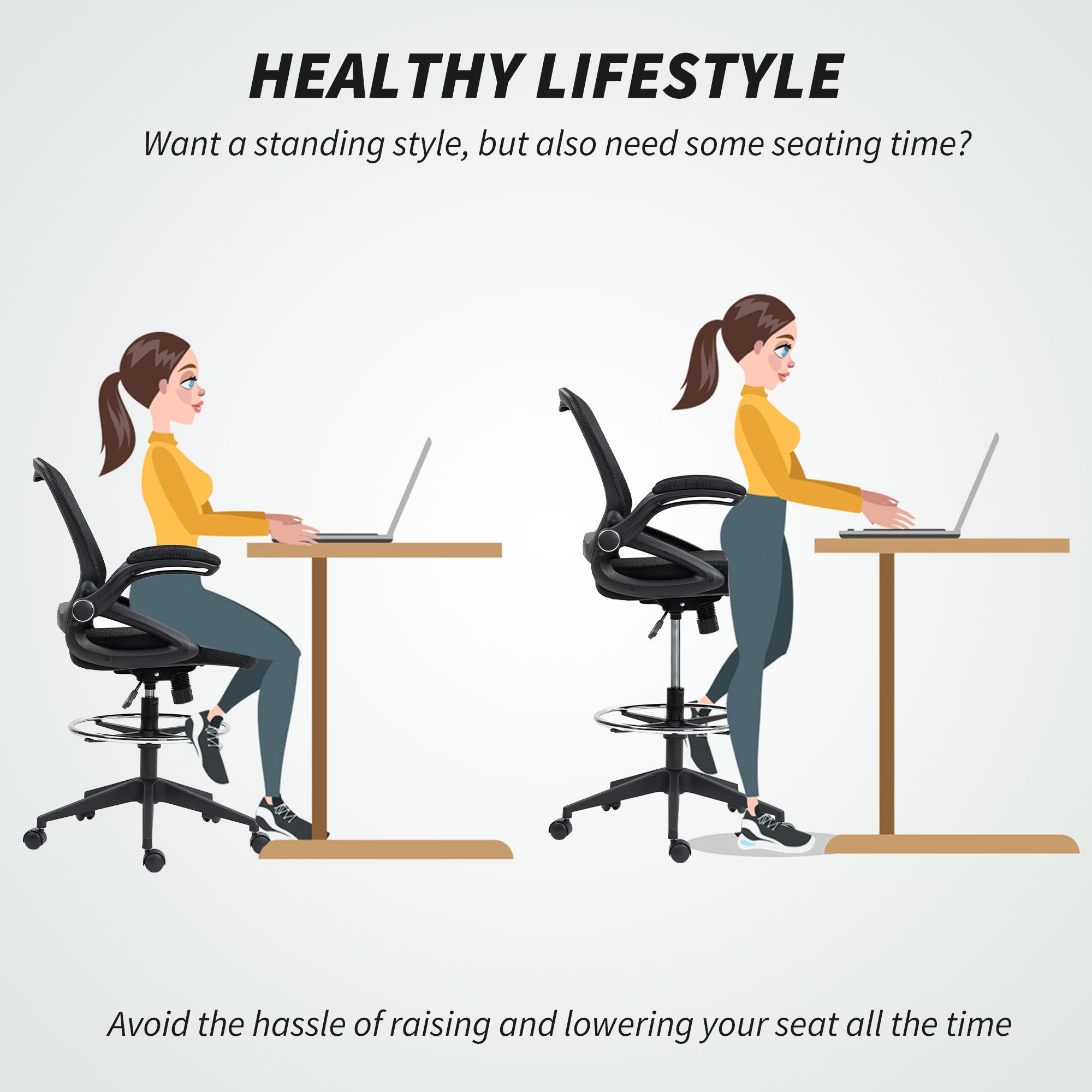 Vinsetto Drafting Chair with Flip-up Armrest, Mesh Office Stool with Foot Ring, 360° Swivel Height Adjustable Chair for Standing Desk, Black - North Peak Garden Furniture