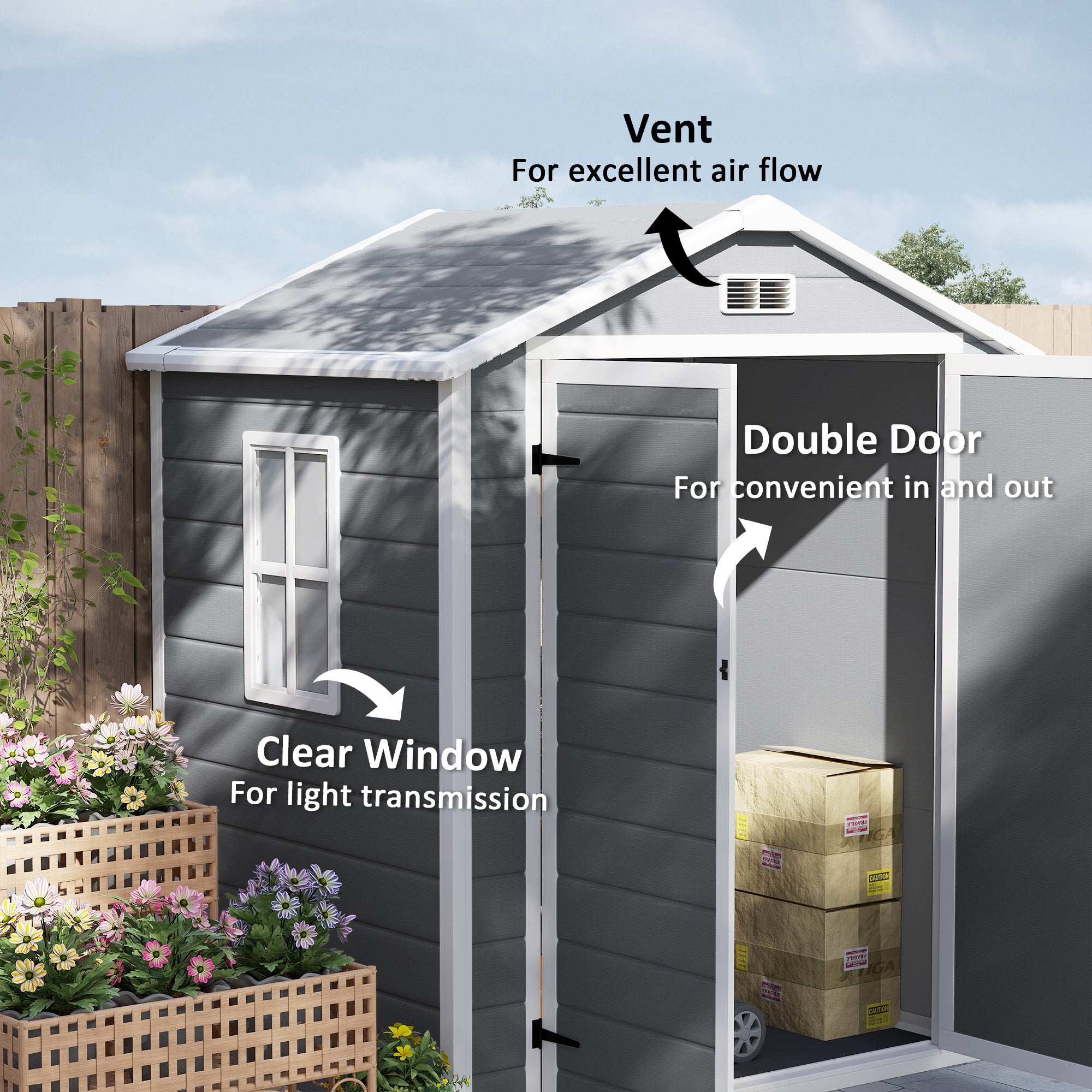 Outsunny 6'x4.5' Garden Storage Shed, Lockable Garden Shed with Double Doors, Window, Vent and Plastic Roof, Grey - North Peak Garden Furniture