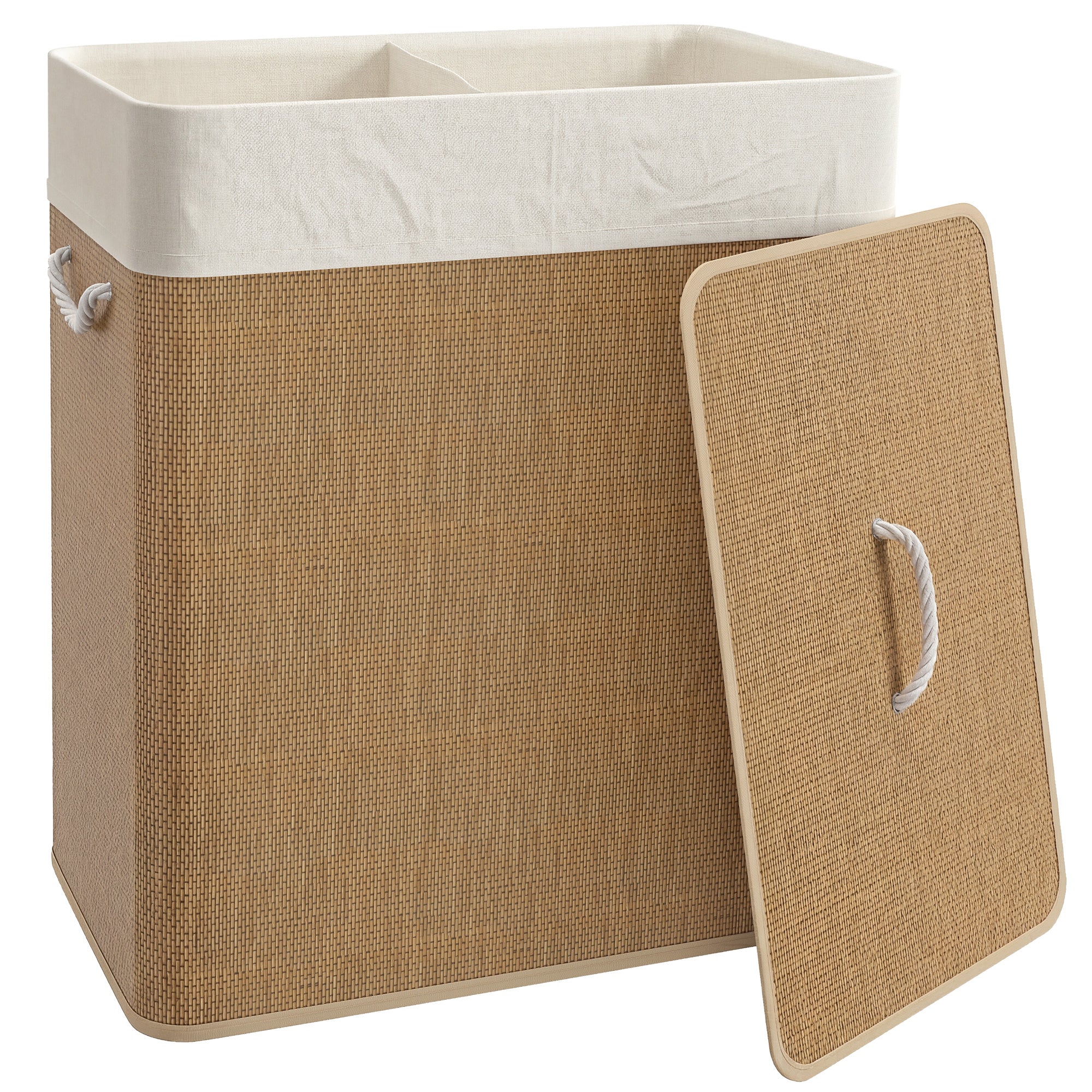 HOMCOM Double Laundry Basket with Lid, 100L Bamboo Laundry Hamper with Rope Handles, Washing Basket with Removable Liner for Bathroom, Bedroom, Brown