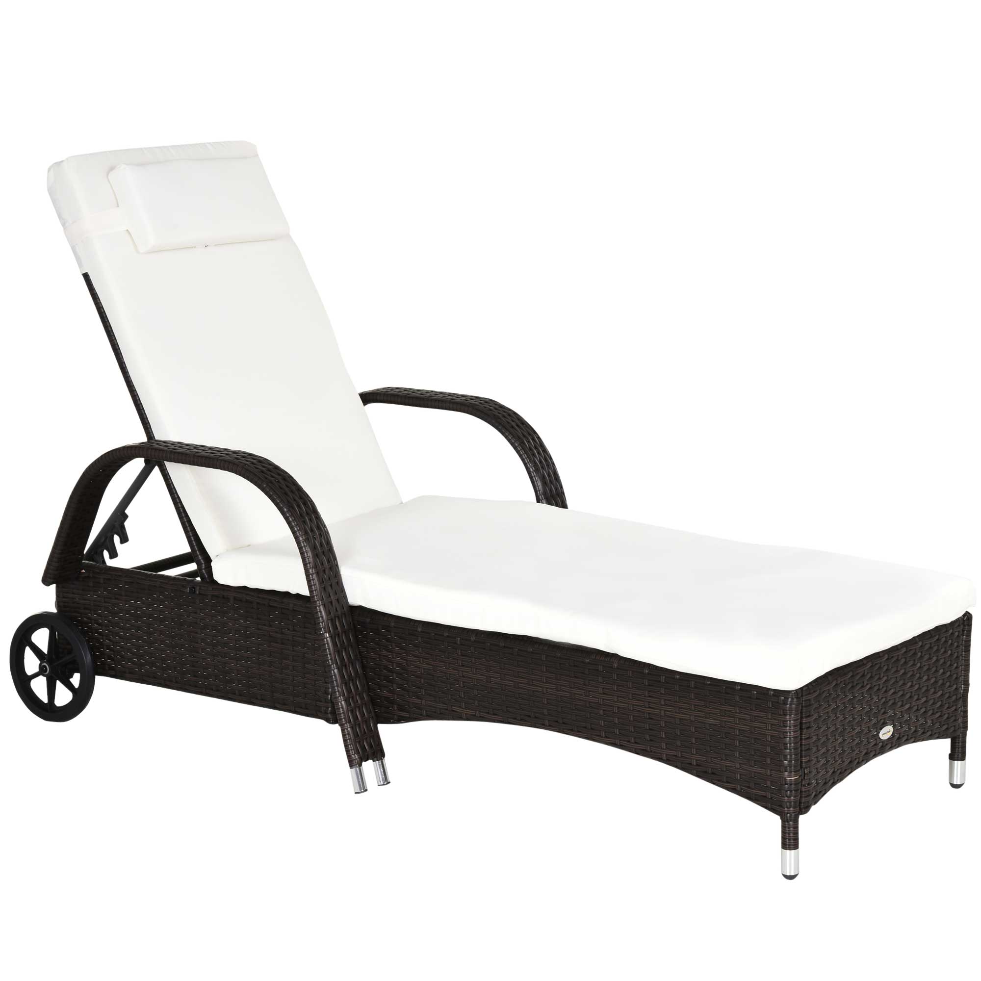 Adjustable Rattan Sun Lounger Garden Recliner Bed Reclining Chair w/ Removable Headrest & Thickened Cushion, Brown