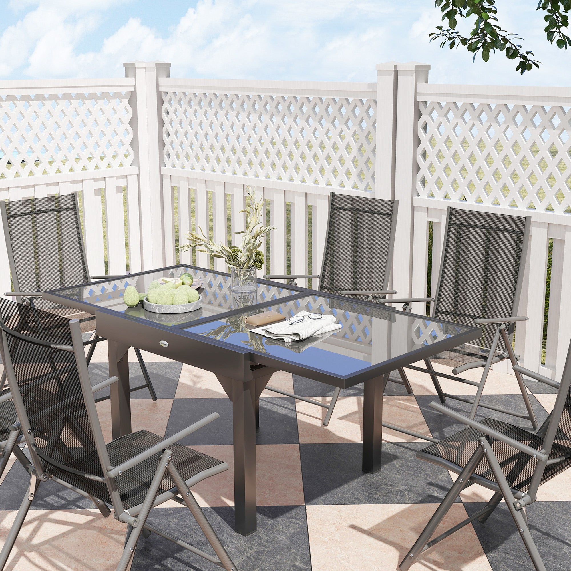 Outsunny 7 Piece Outdoor Dining Set with Extendable Table and 6 Folding Chairs for Patio, Balcony, Deck, Grey - North Peak Garden Furniture