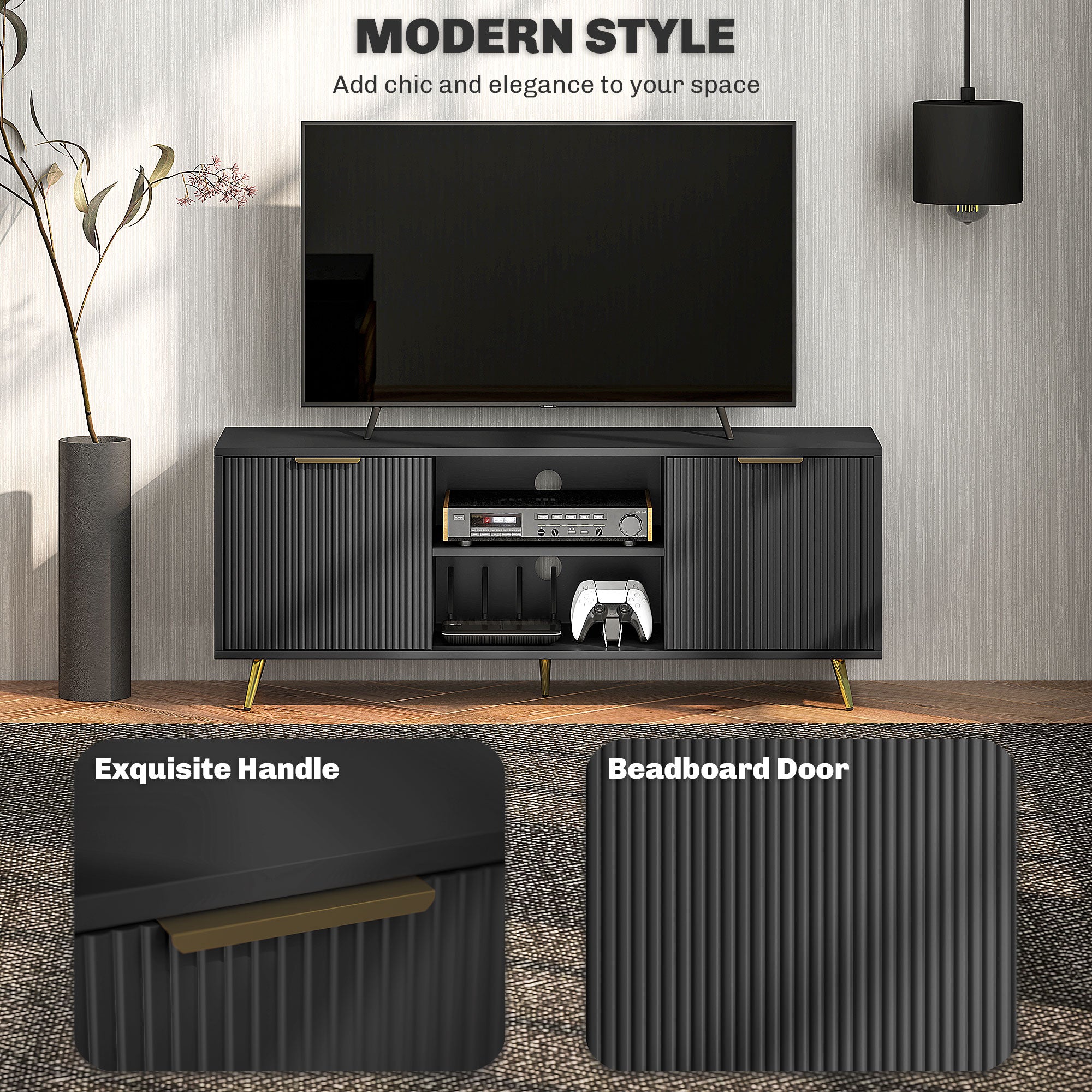 HOMCOM Modern TV Stand Cabinet for TVs up to 55", TV Unit with 2 Open Shelves and 2 Cabinets, Entertainment Centre with Cable Management for Living Room, Black