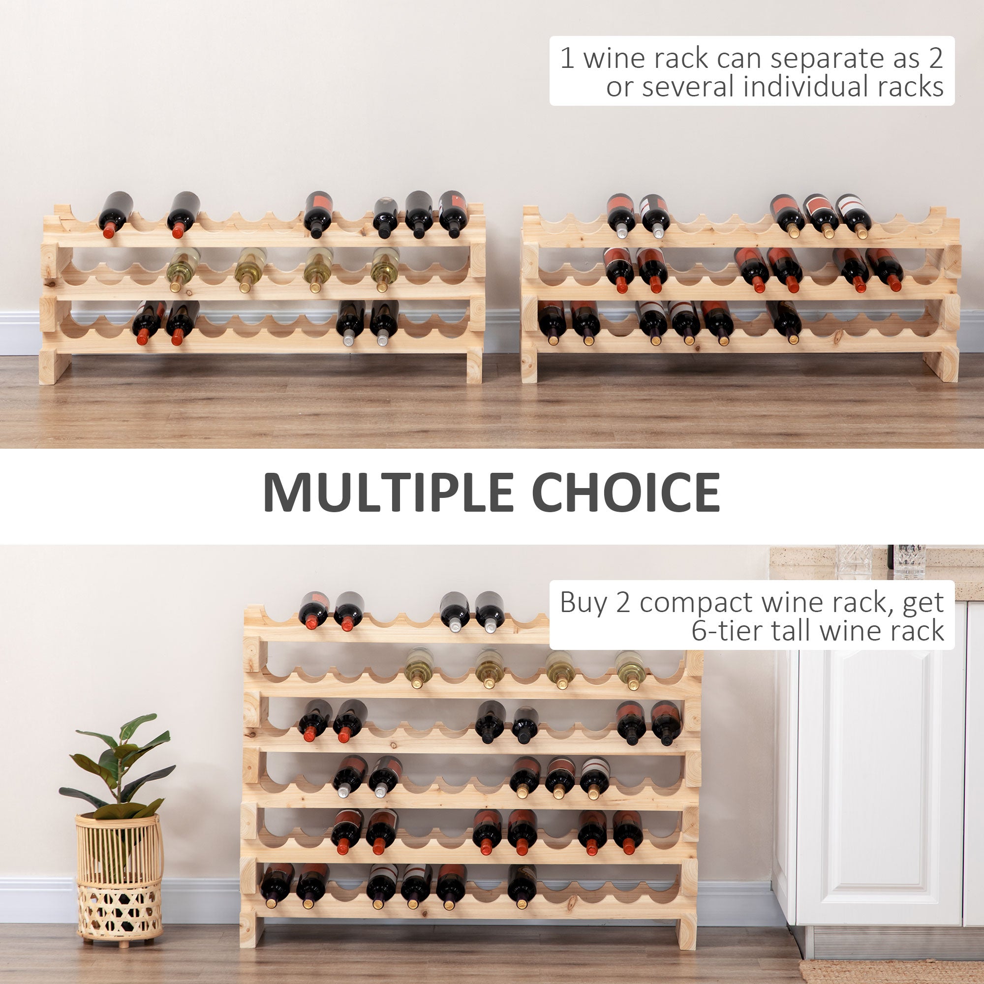 HOMCOM Three-Tier, 36 Bottle Wooden Wine Rack - Natural - North Peak Garden Furniture