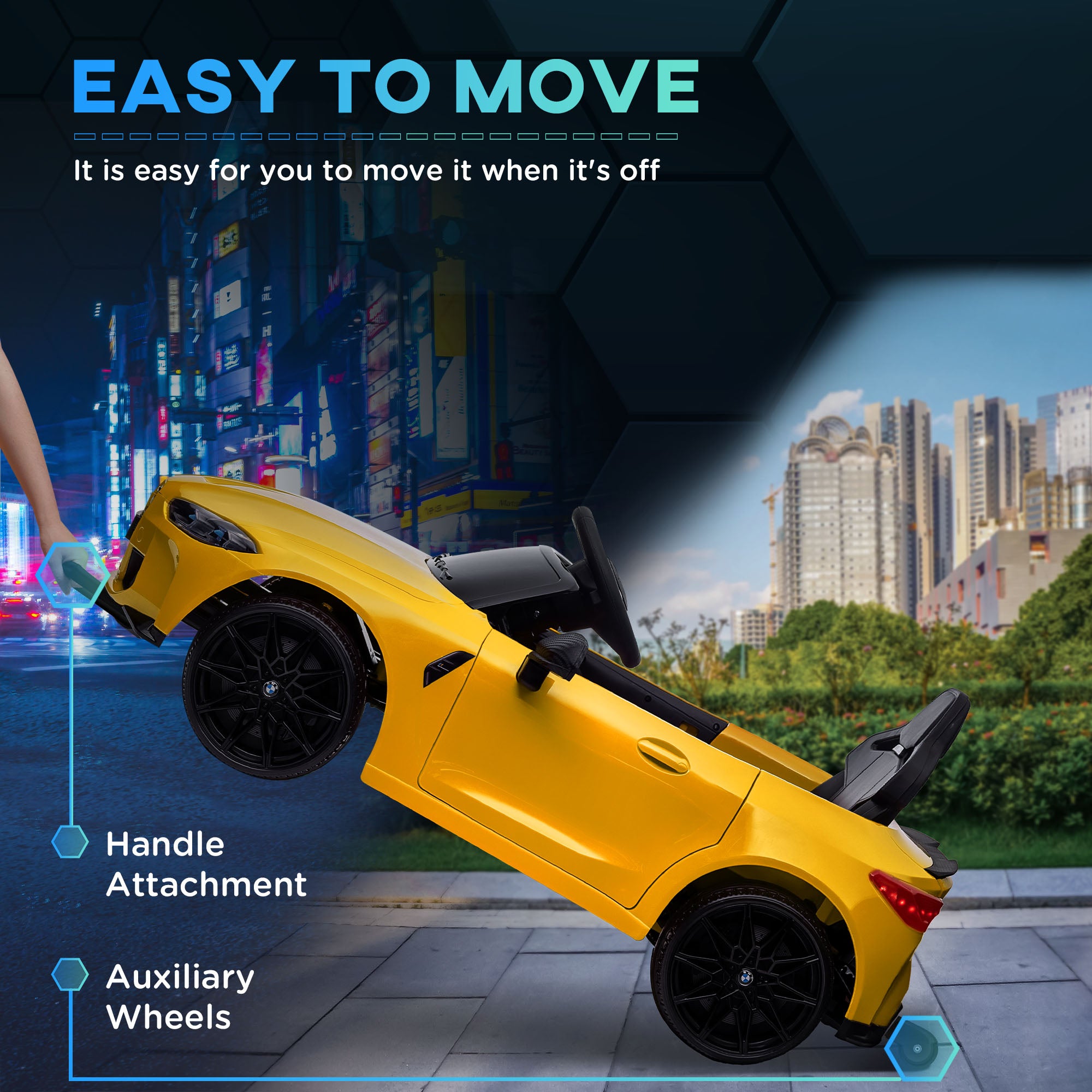 AIYAPLAY 12V BMW M4 Licensed Kids Car with Easy Transport, Remote Control, Suspension, Music, Horn, LED Lights, Yellow - North Peak Garden Furniture