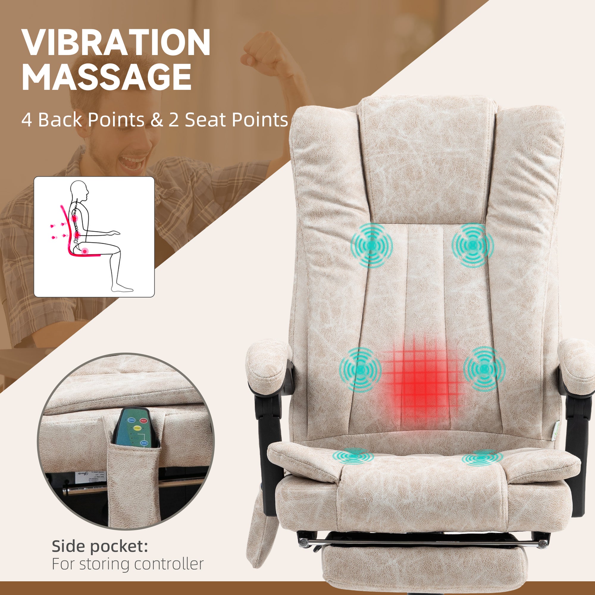 Vinsetto Vibrating Massage Office Chair with Heat, Desk Chair with Height Adjustable and Footrest, Cream White - North Peak Garden Furniture