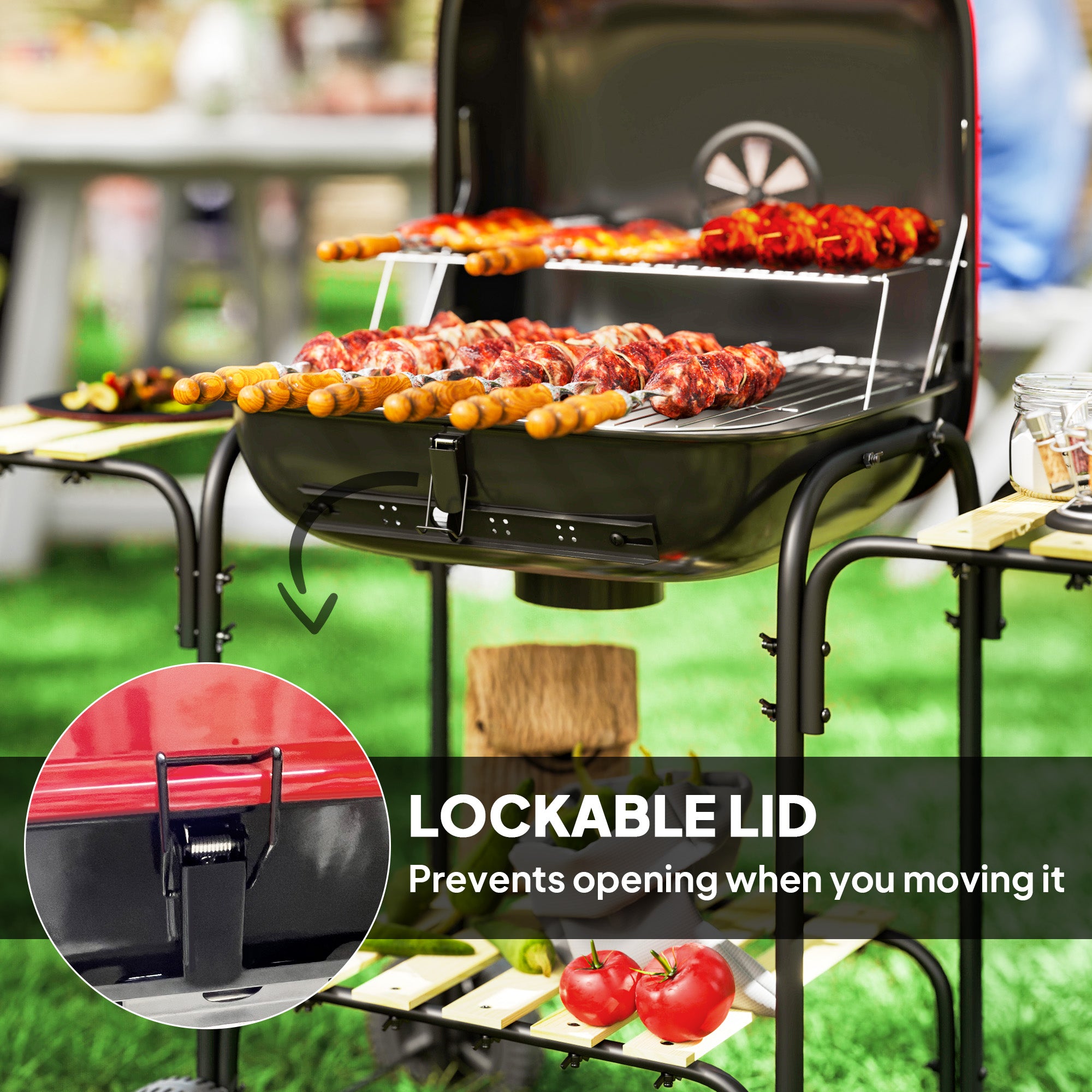 Outsunny Charcoal Barbecue Grill Portable BBQ Grill with 1840 cm² Cooking Area, 3 Shelves, Adjustable Vent, Lockable Lid, Wheels for Outdoor Cooking, Garden Party, Red - North Peak Garden Furniture