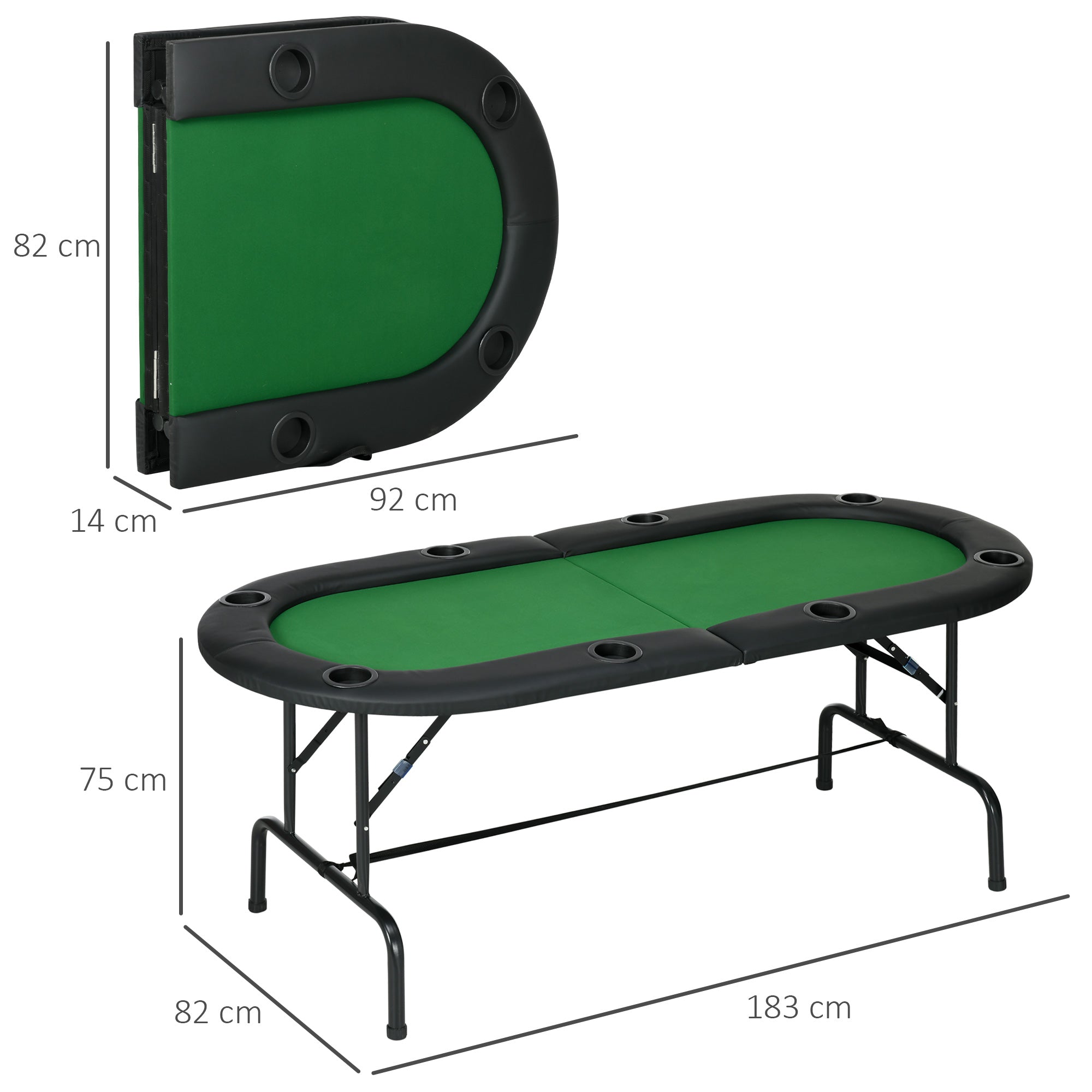 HOMCOM 8 Player Folding Poker Table, Oval Portable Blackjack Casino Table with Cup Holder, Felt Top and Metal Base, 183 x 82 x 75cm, Green and Black - North Peak Garden Furniture
