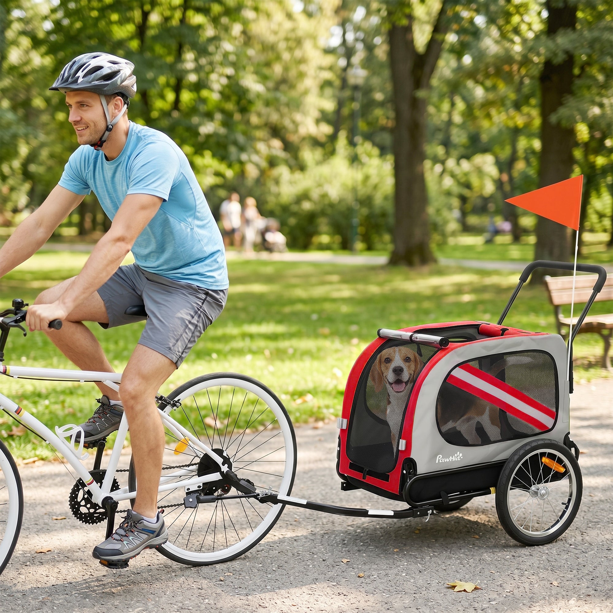 PawHut 2-In-1 Dog Bike Trailer Pet Stroller with Universal Wheel Reflector Flag Red
