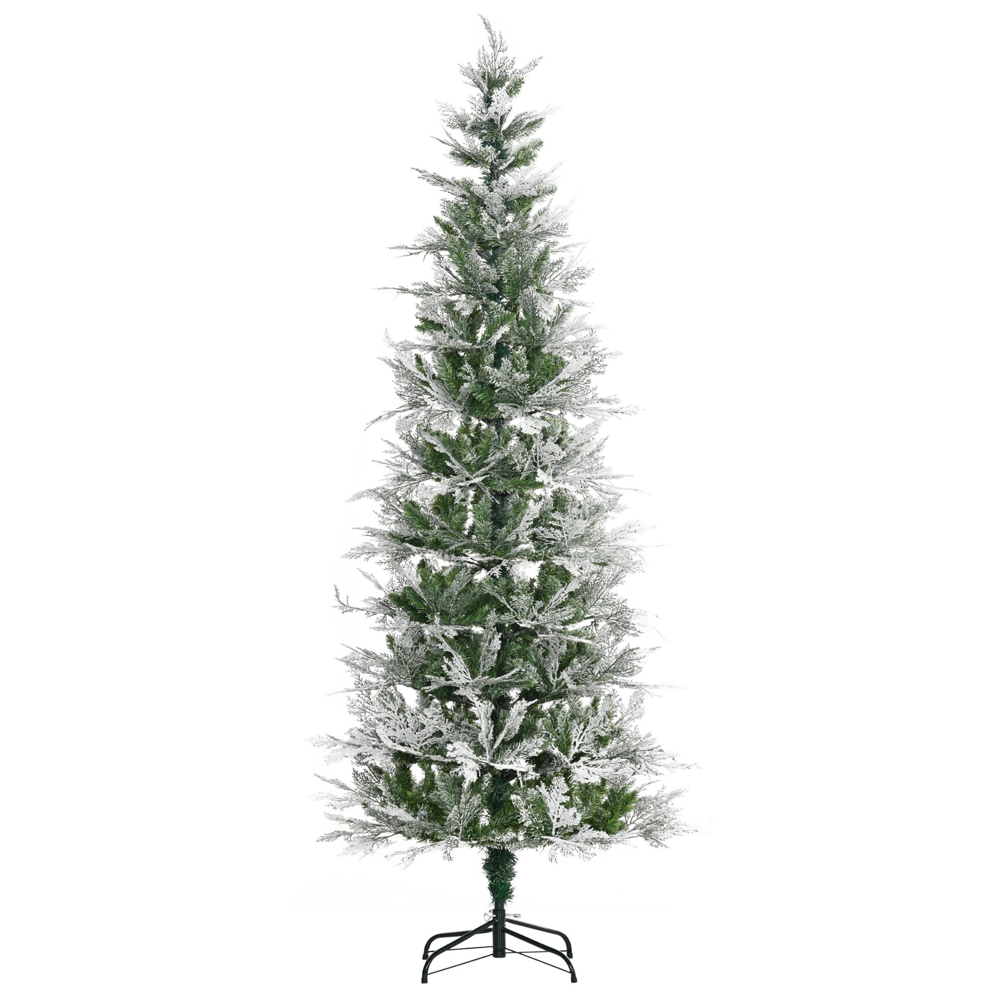 HOMCOM 7 Ft Pencil Snow Flocked Artificial Christmas Tree with Realistic Cypress Branches, Auto Open, Green - North Peak Garden Furniture