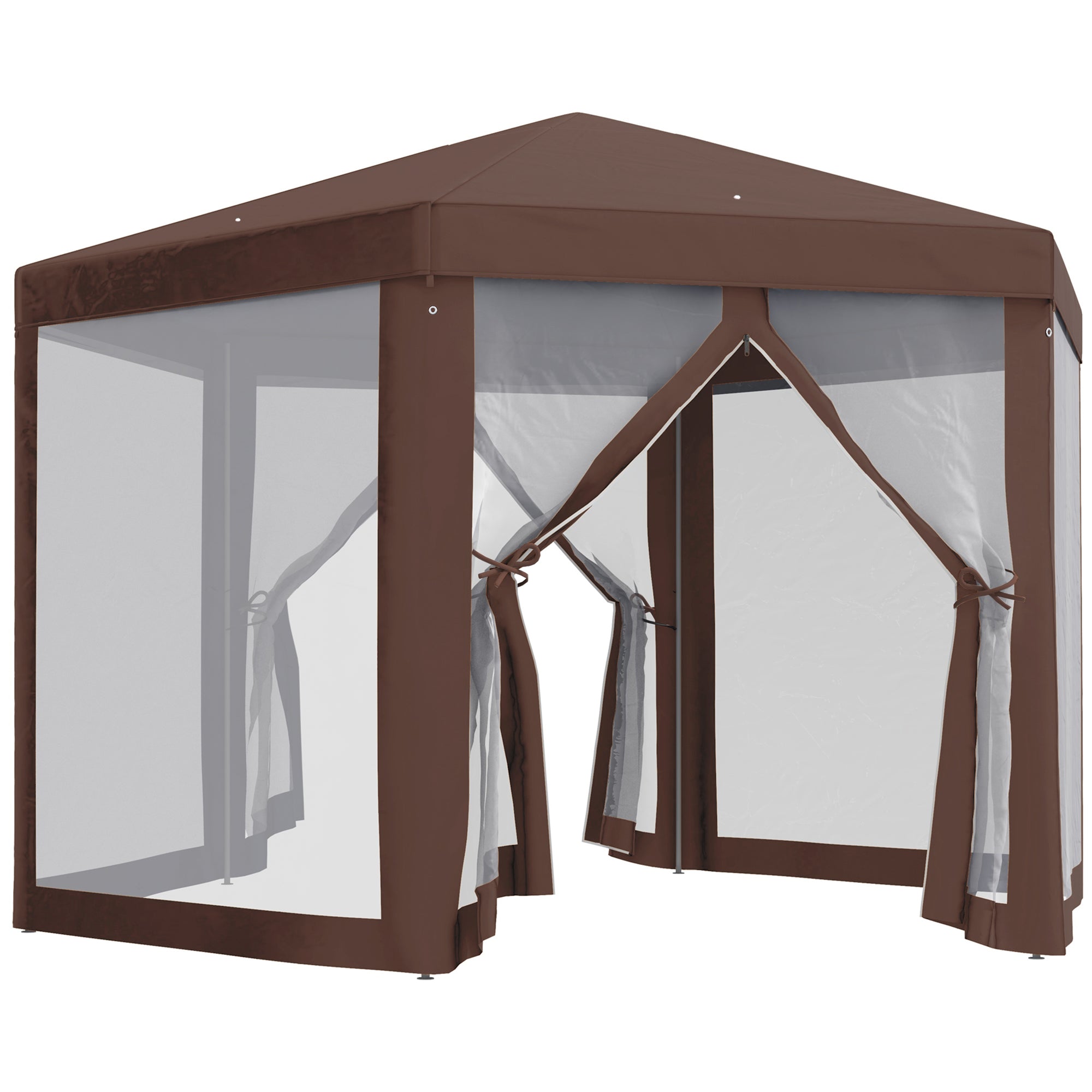 Outsunny Hexagonal Garden Gazebo Patio Party Outdoor Canopy Tent Sun Shelter with Mosquito Netting and Zipped Door, Brown