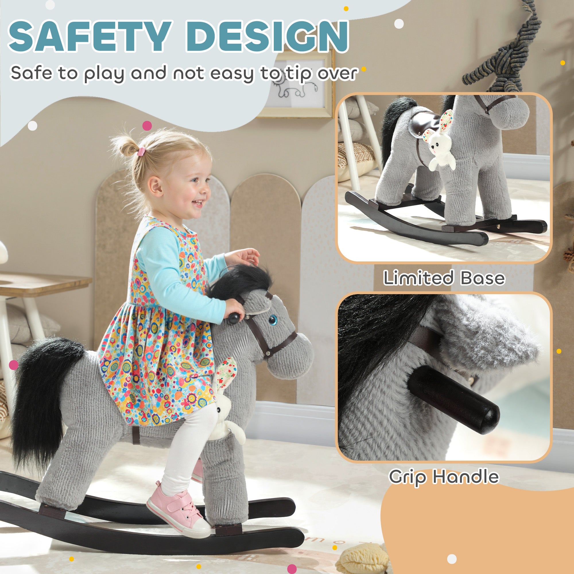 AIYAPLAY Baby Rocking Horse, Plush Ride on Toy with Handle Grip, Sound and Doll, Toddler Animal Rocker for Kids Aged 2–5, Grey