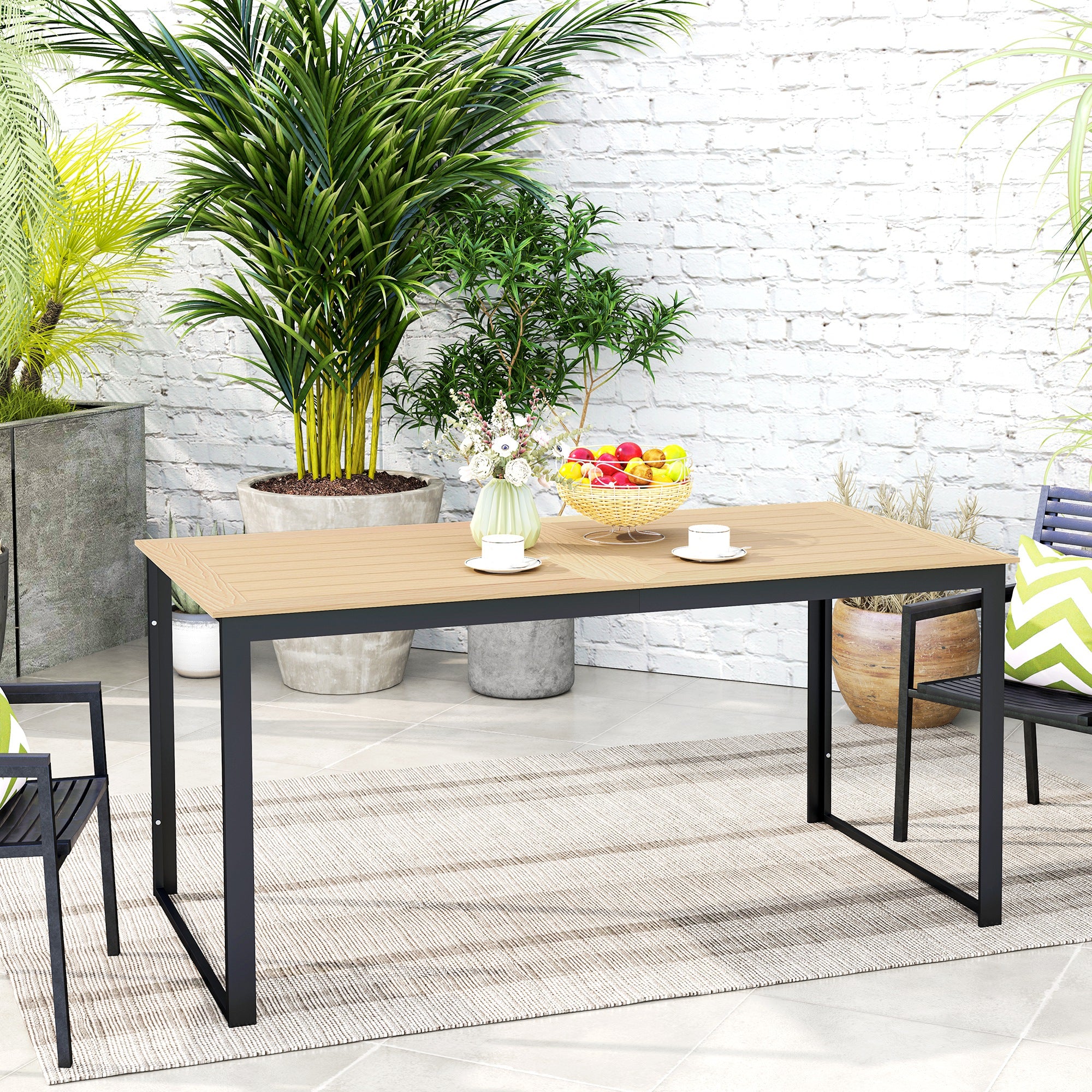 Outsunny Garden Table for 6 People, 160 x 80 x 75 cm Rectangle Outdoor Dining Table with Slatted Top, Metal Frame, for Balcony, Deck, Teak - North Peak Garden Furniture