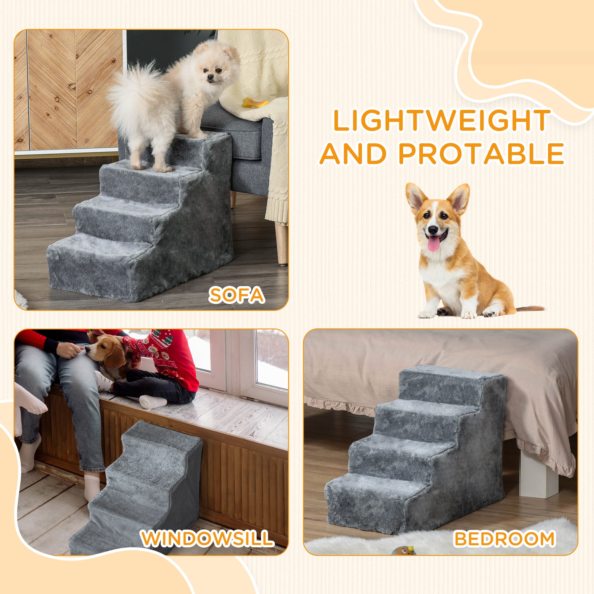 PawHut Four-Step Dog Stairs, with Washable Plush Cover, for High Bed Sofa, Dog Stairs for Small Dog and Cat - Light Grey