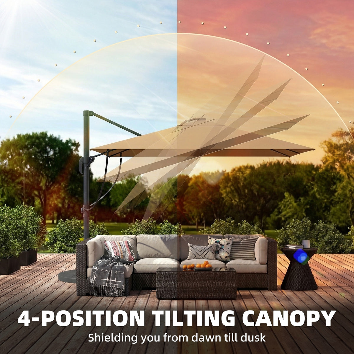 Outsunny 3 x 3 m Garden Cantilever Parasol with Light, Umbrella with Wind Protection, 360° Rotation, Khaki