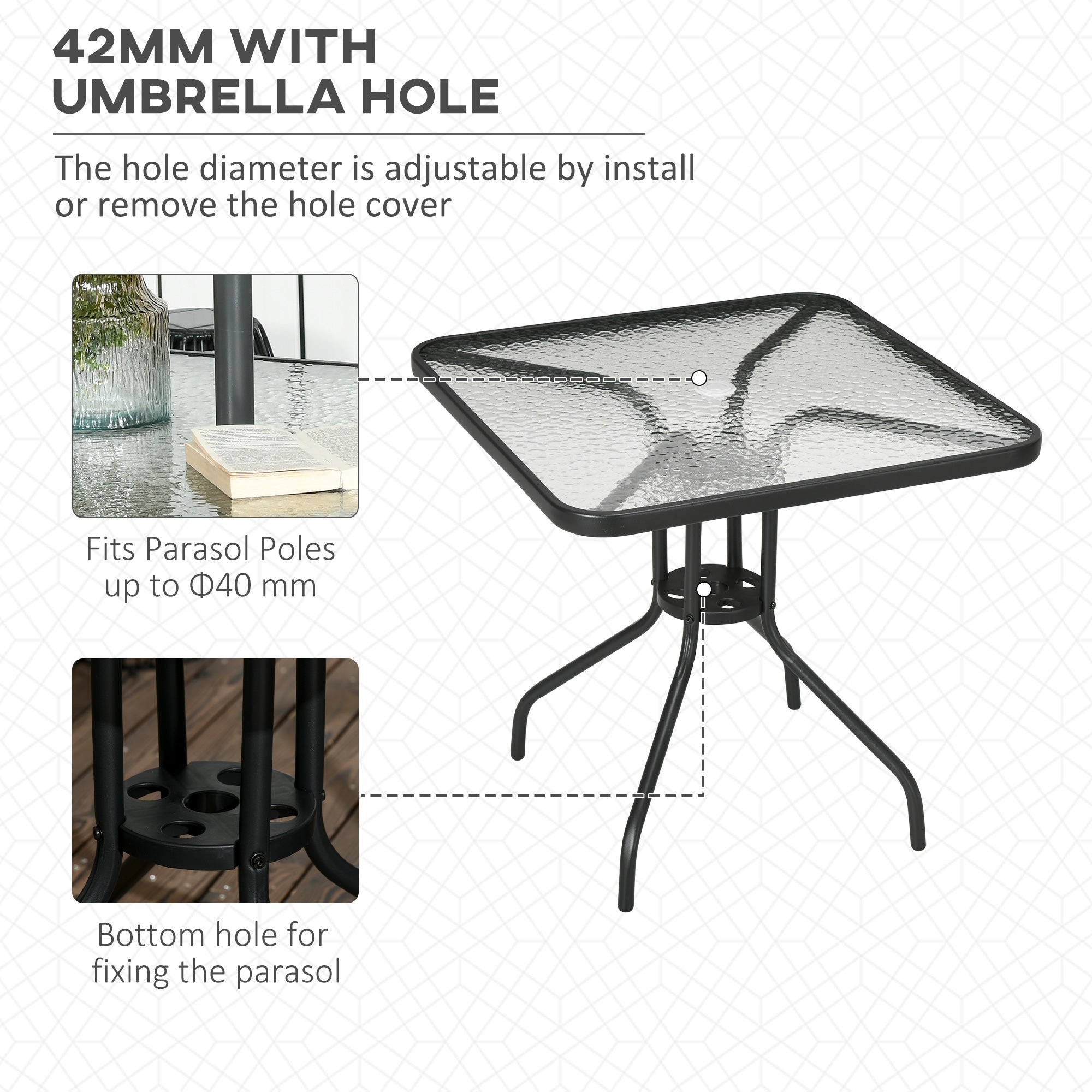Outsunny Square Patio Table, Tempered Glass Top Bistro Table, Garden Dining Table, Outdoor Accent Coffee Table 76 x 76cm Steel Frame with Umbrella Hole