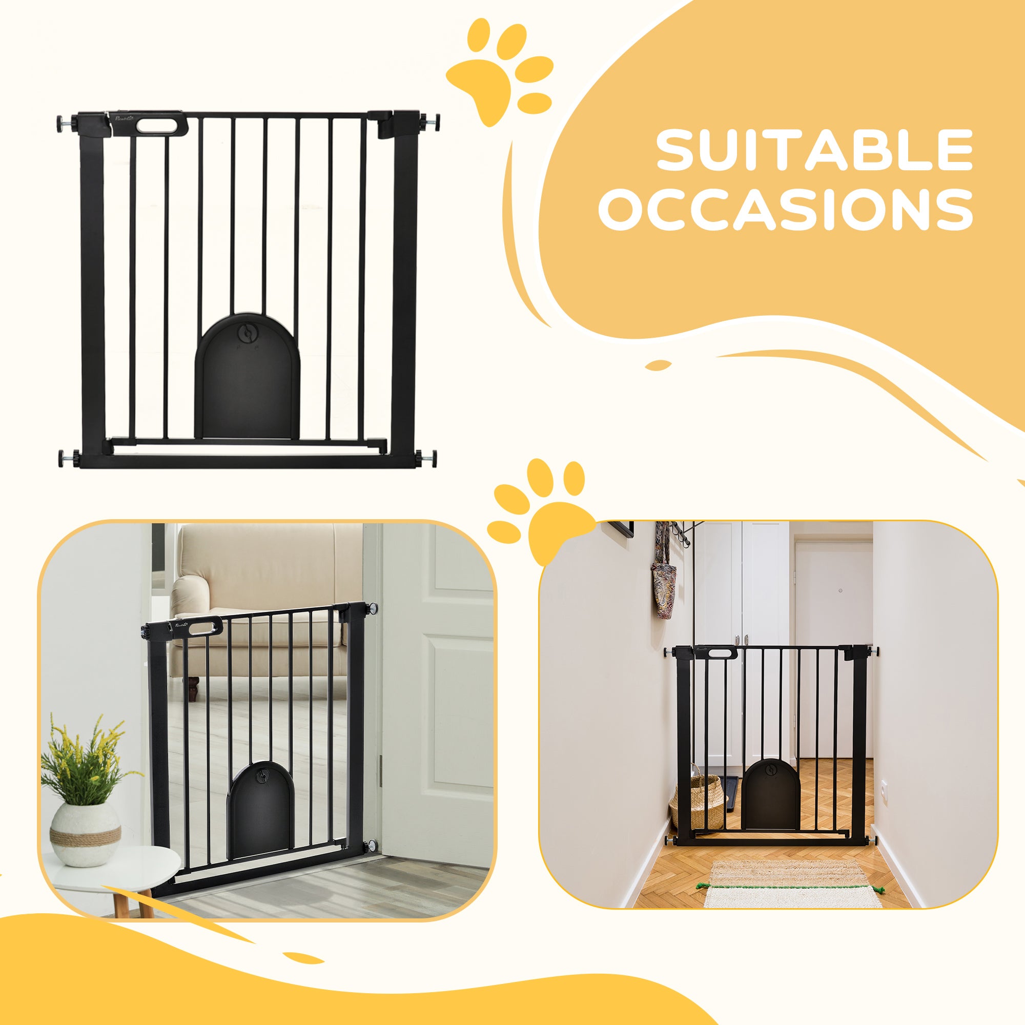 PawHut Dog Gate with Cat Flap Pet Safety Gate Barrier, Stair Pressure Fit, Auto Close, Double Locking, for Doorways, Hallways, 75-82 cm Black - North Peak Garden Furniture