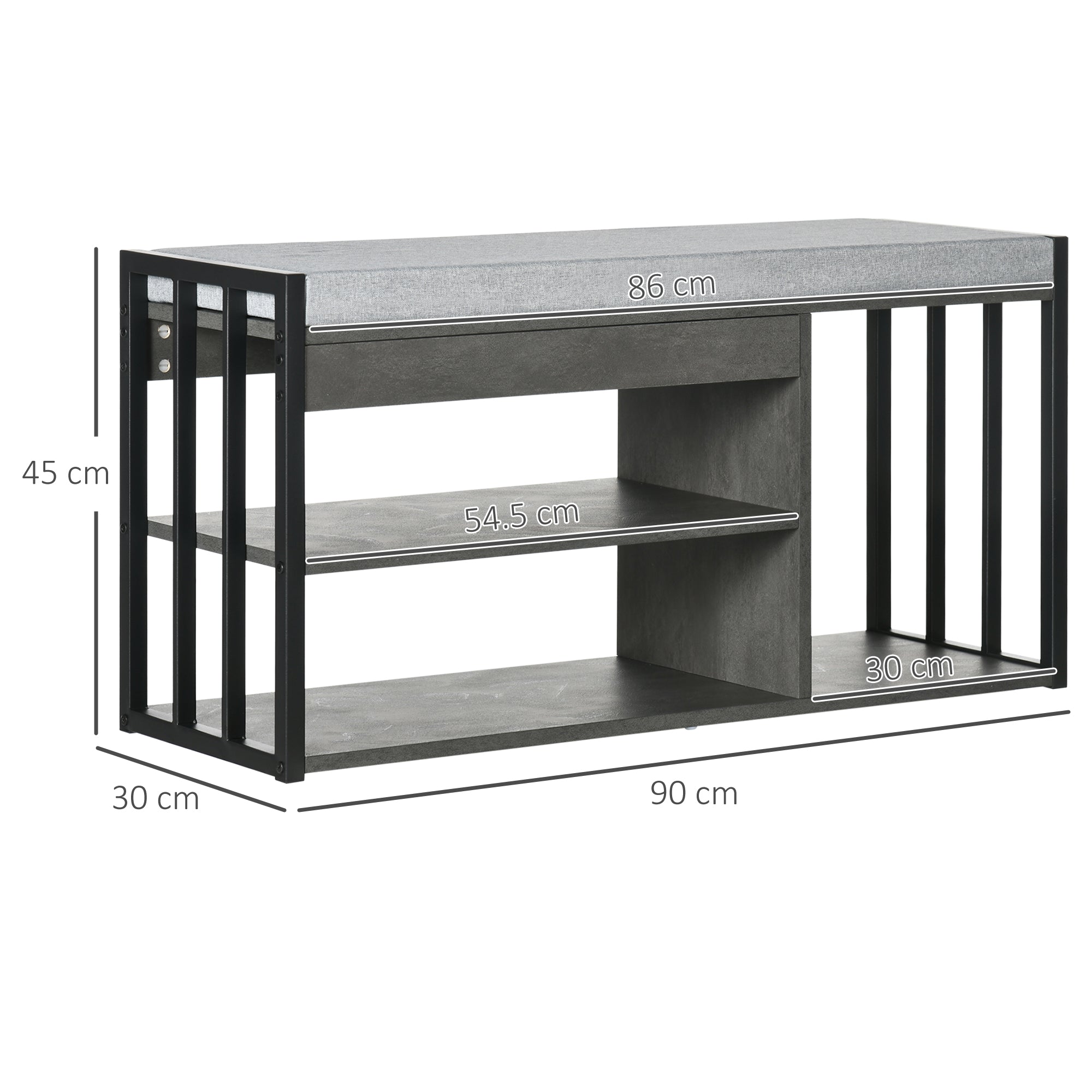 HOMCOM Shoe Storage with Seat, Upholstered Entryway Bench, Shoe Bench with 3 Open Shelves for Hallway, Grey - North Peak Garden Furniture