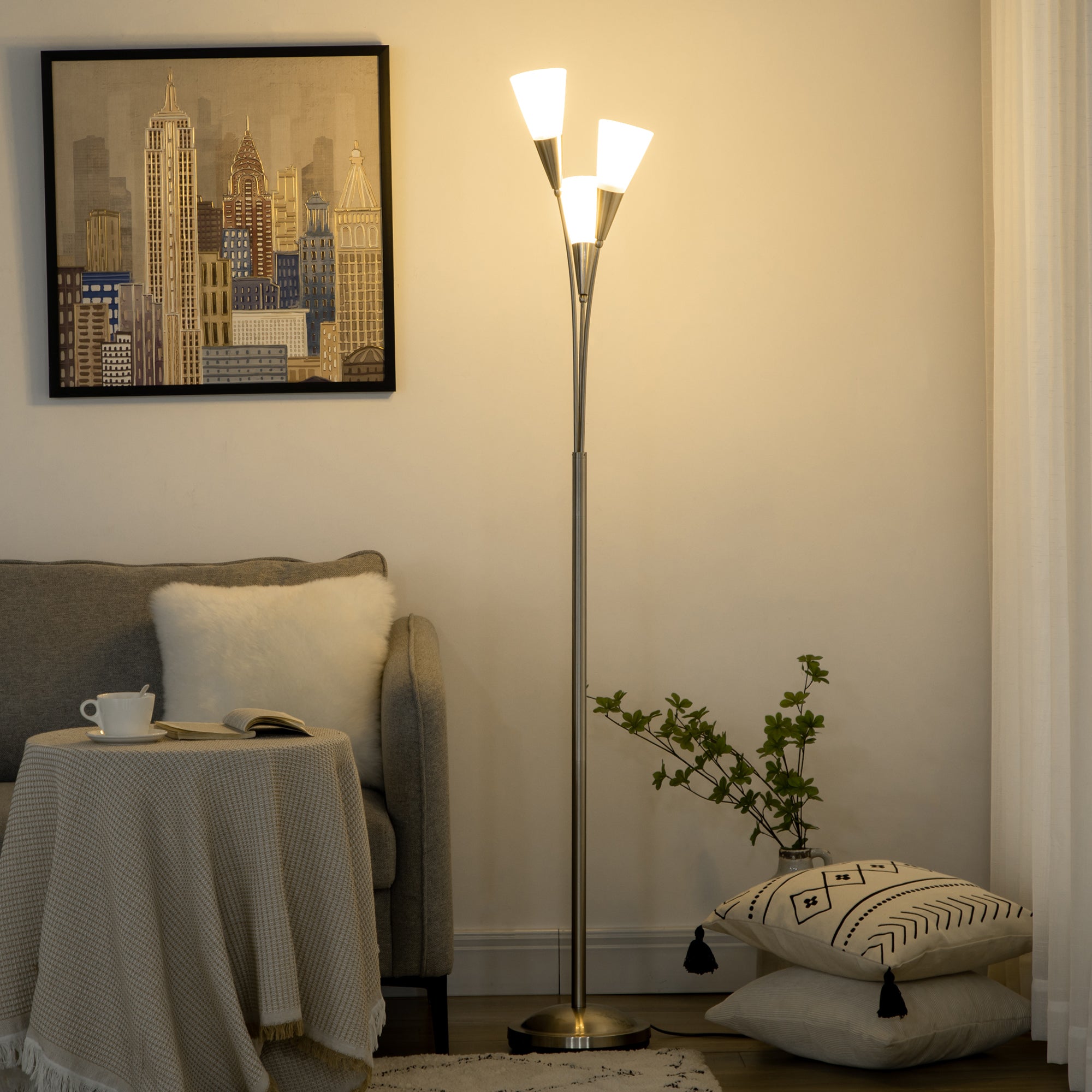 HOMCOM 3-Light Upright Floor Lamps for Living Room, Modern Standing Lamp for Bedroom with Steel Base, Bulb not Included, Silver - North Peak Garden Furniture