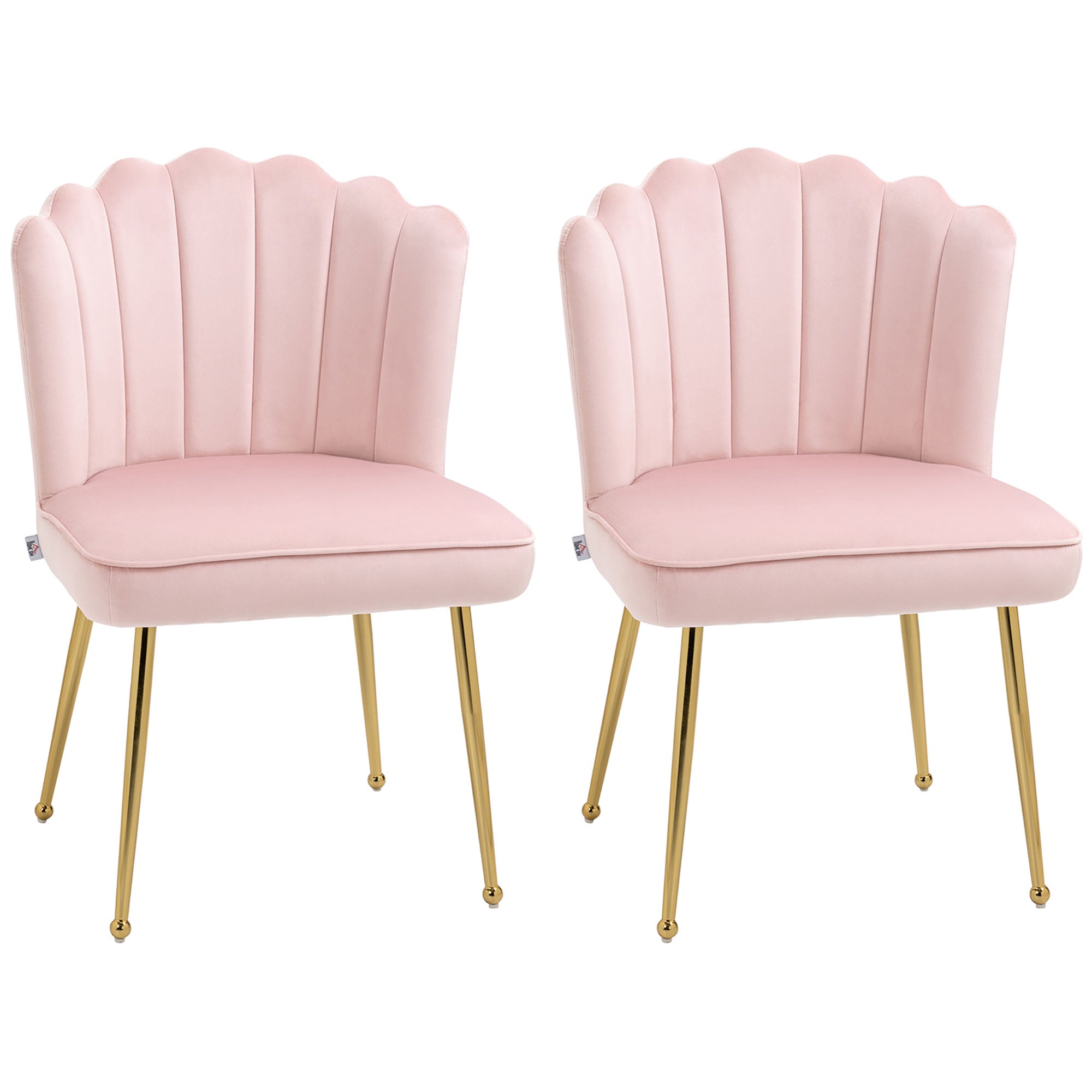 HOMCOM Shell Dining Chairs Set of 2, Upholstered Kitchen Chairs with Gold Metal Legs and Backrest, Velvet Fabric Lounge Leisure Chairs for Living Room, Reception Room, Pink