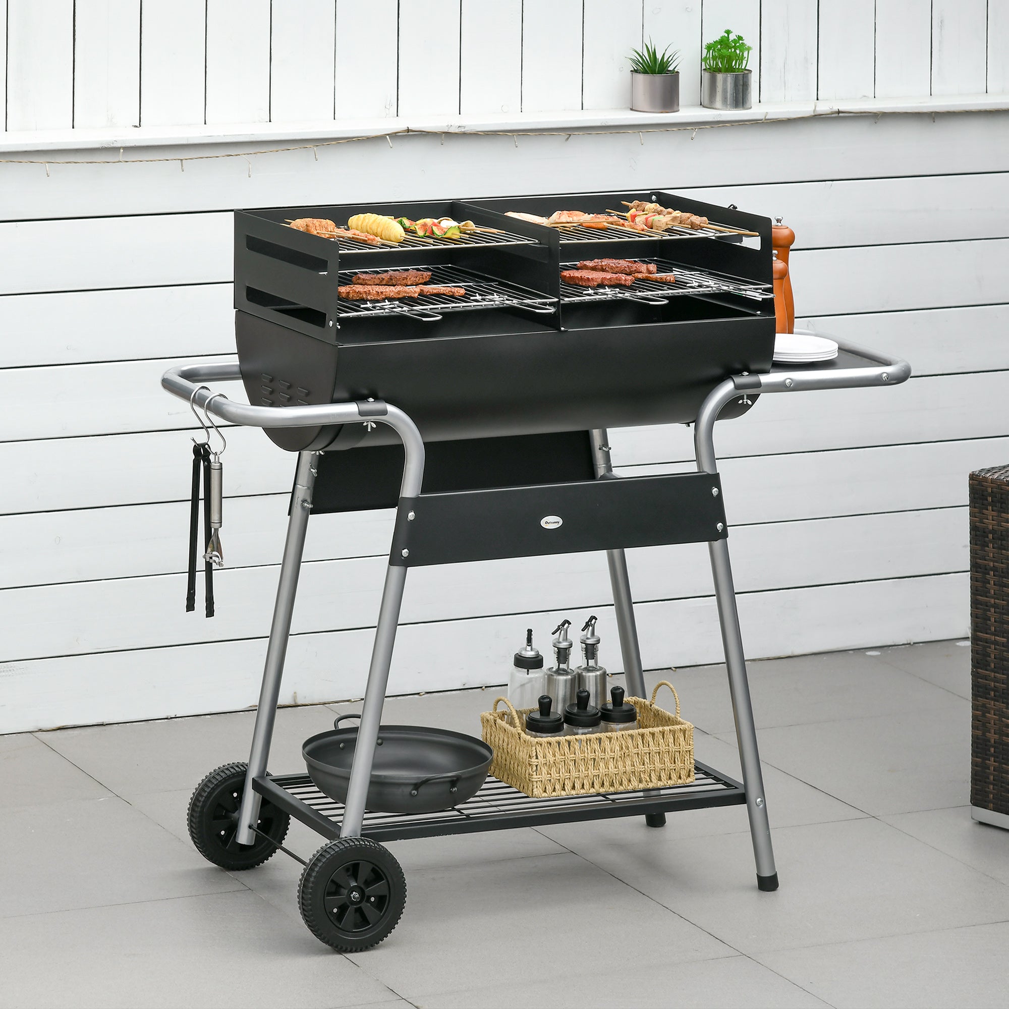 Outsunny Charcoal Barbecue Grill BBQ Trolley with Double Grill, Side Table, Storage Shelf, and Wheels for Outdoor Cooking, 130 x 51 x 111cm, Black - North Peak Garden Furniture
