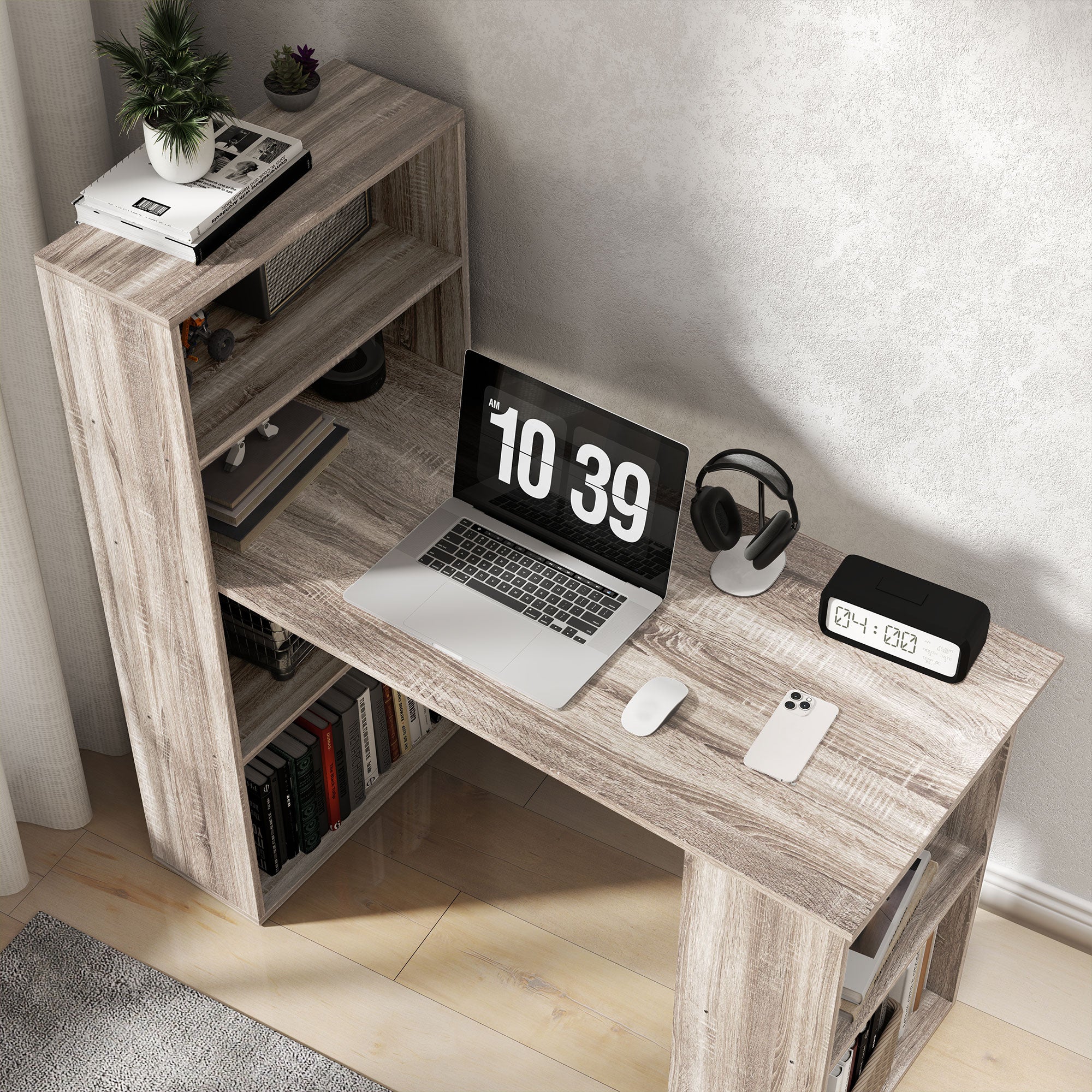 HOMCOM 120cm Modern Computer Desk Bookshelf Study Table Workstation PC Laptop Writing Home Office 6 Shelves, Grey Wood-Effect - North Peak Garden Furniture