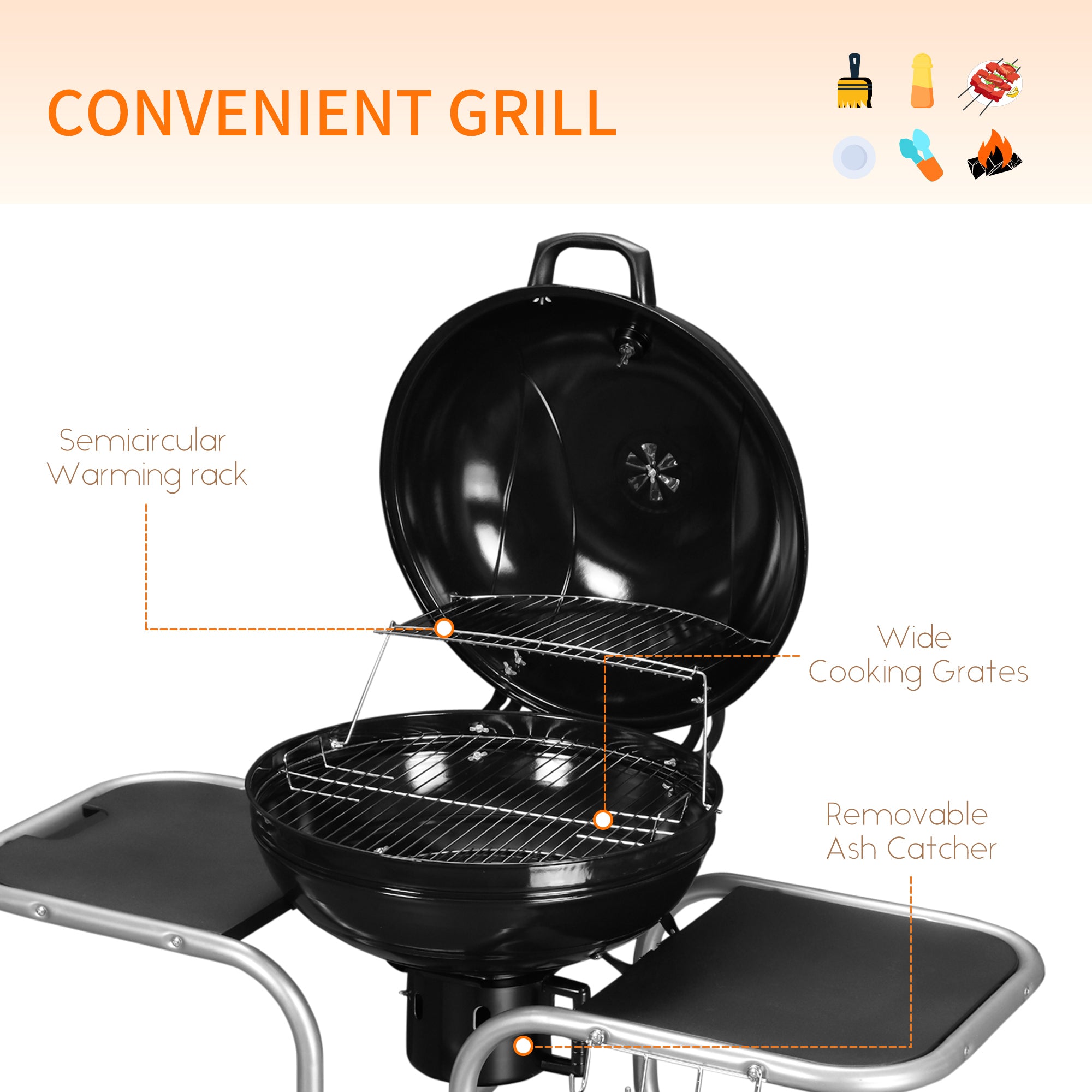 Outsunny Portable Charcoal Kettle Grill Outdoor Barbecue Trolley BBQ Heat Smoker Grilling with Two wheels, Free Standing Black - North Peak Garden Furniture
