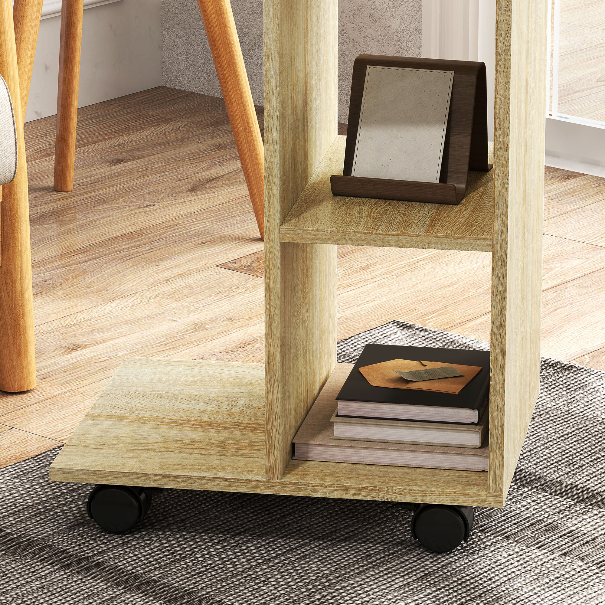 HOMCOM C-Shape End Table Unique Storage Unit w/ 2 Shelves 4 Wheels Freestanding Home Office Furniture Cabinet Square Studio Natural - North Peak Garden Furniture