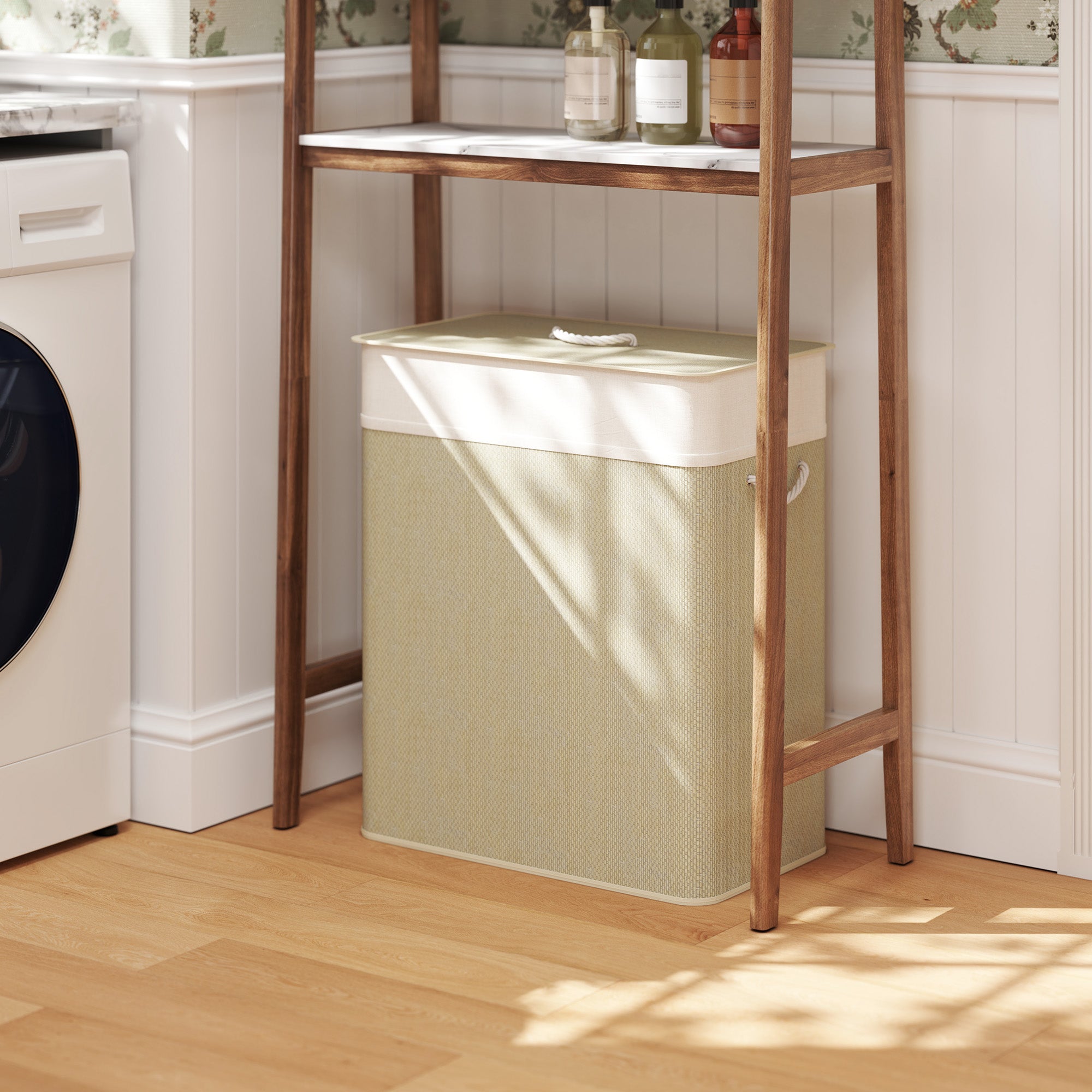 HOMCOM Double Laundry Basket with Lid, 100L Bamboo Laundry Hamper with Rope Handles, Washing Basket with Removable Liner for Bathroom, Bedroom, Cream White - North Peak Garden Furniture
