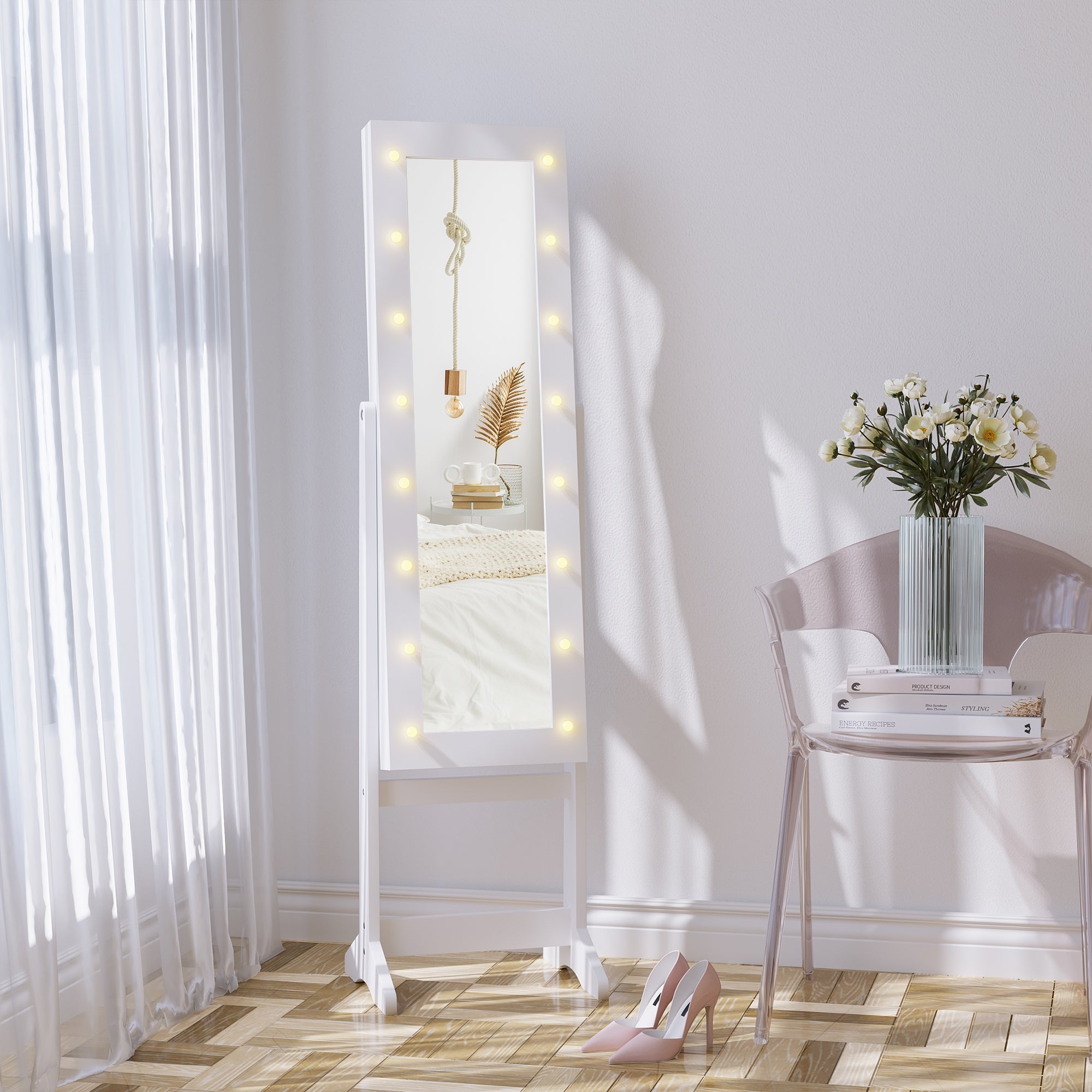 HOMCOM Free Standing LED Mirrored Jewelry Cabinet Armoire Floor Organiser W/ 3 Angle Adjustable For Rings Earrings Bracelets Cosmetics Warm White - North Peak Garden Furniture