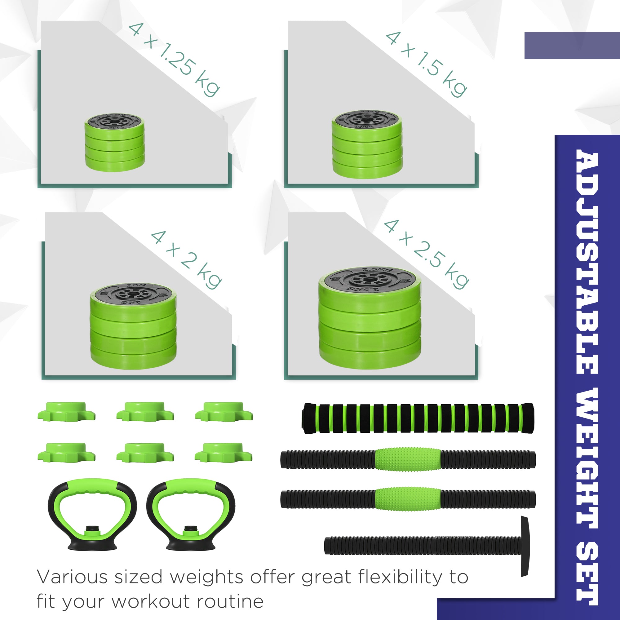 SPORTNOW 30kg Four-In-One Adjustable Weight Dumbbells Set, Barbell, Kettlebell, Push Up Stand - Green - North Peak Garden Furniture