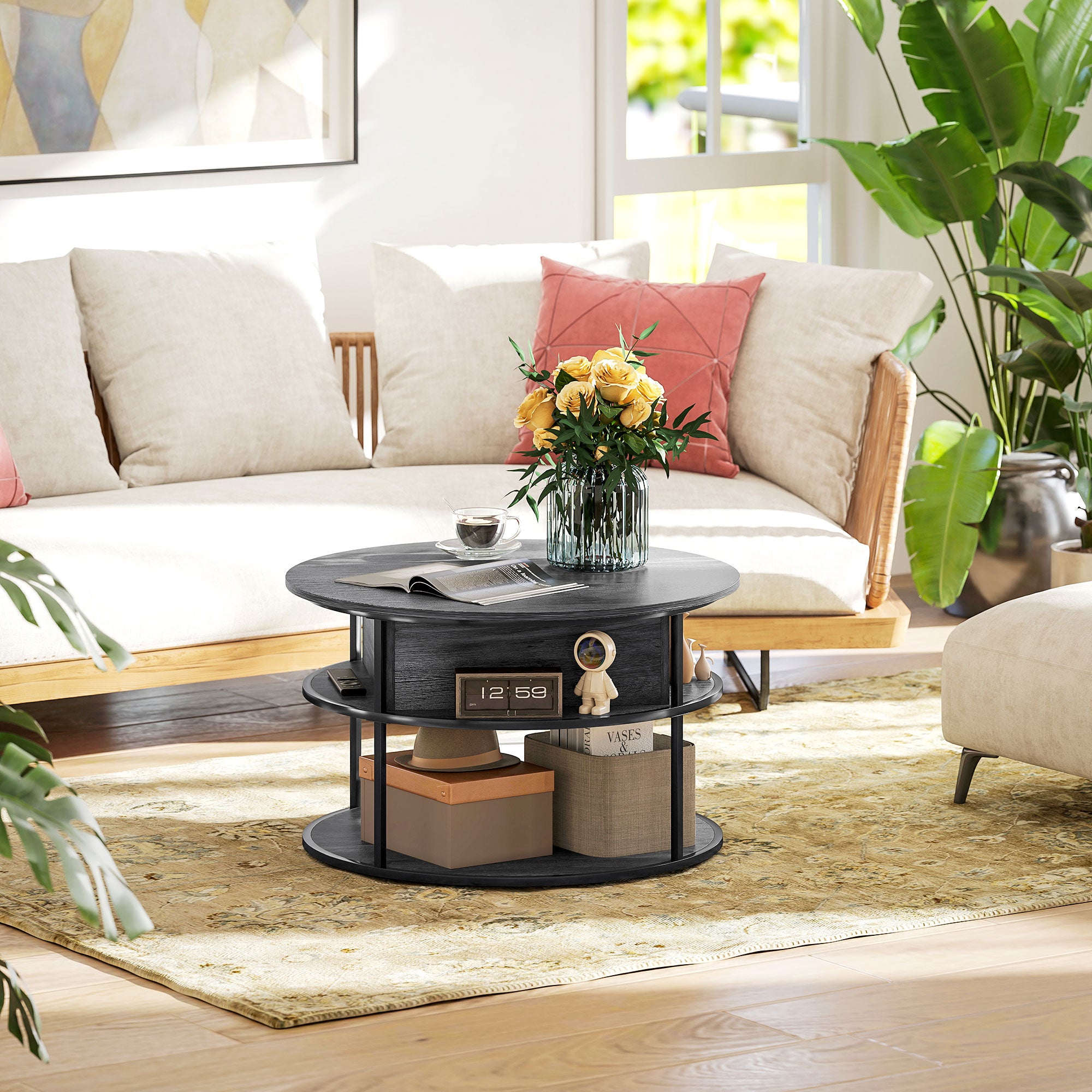 HOMCOM Lift Top Coffee Table, Round Coffee Table with Storage Shelf, Hidden Compartment and Steel Frame for Living Room, Home Office, Charcoal Grey - North Peak Garden Furniture