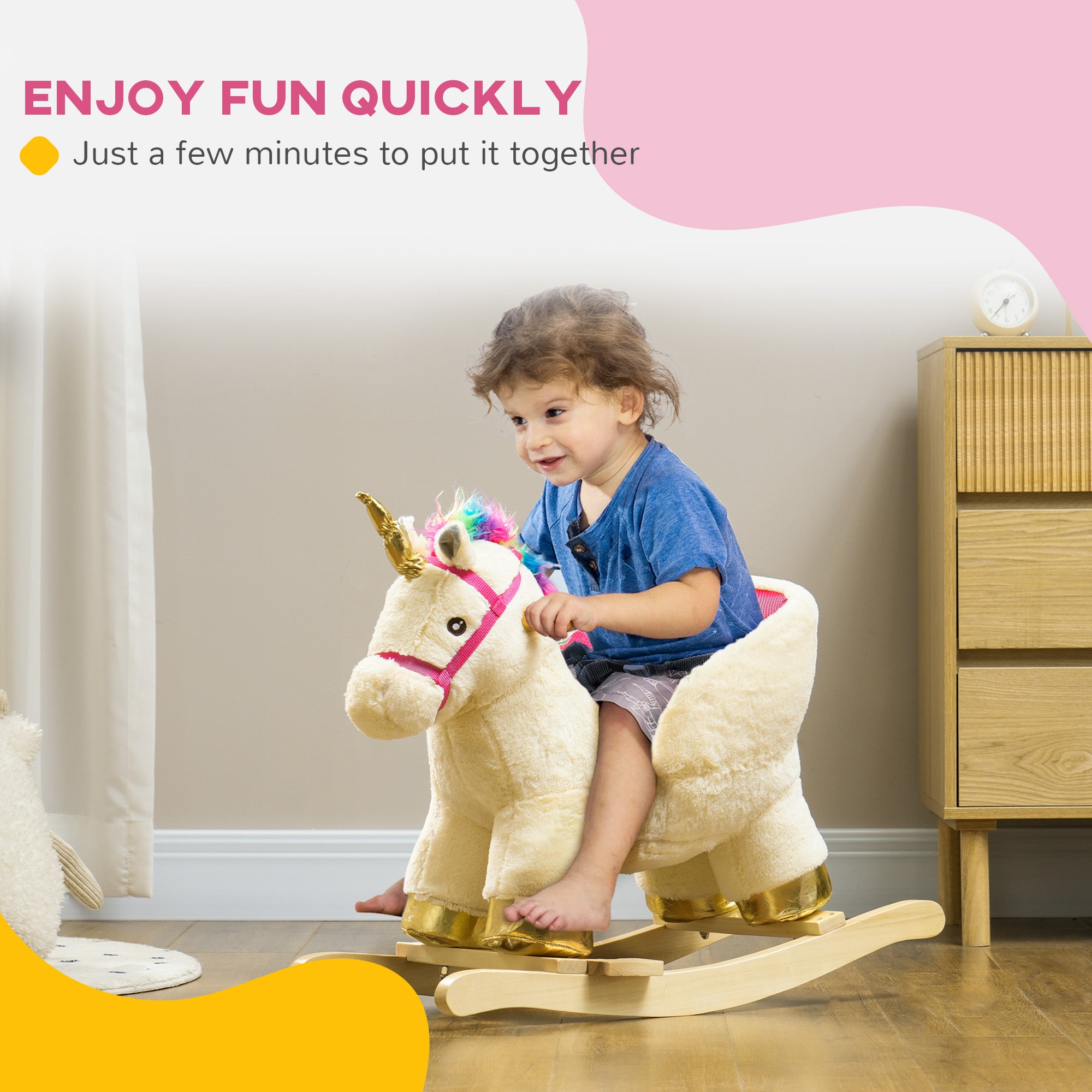 AIYAPLAY Kids Rocking Horse with Realistic Sounds, Safety Belt, Wooden Base, for Ages 18-36 Months, Cream White - North Peak Garden Furniture