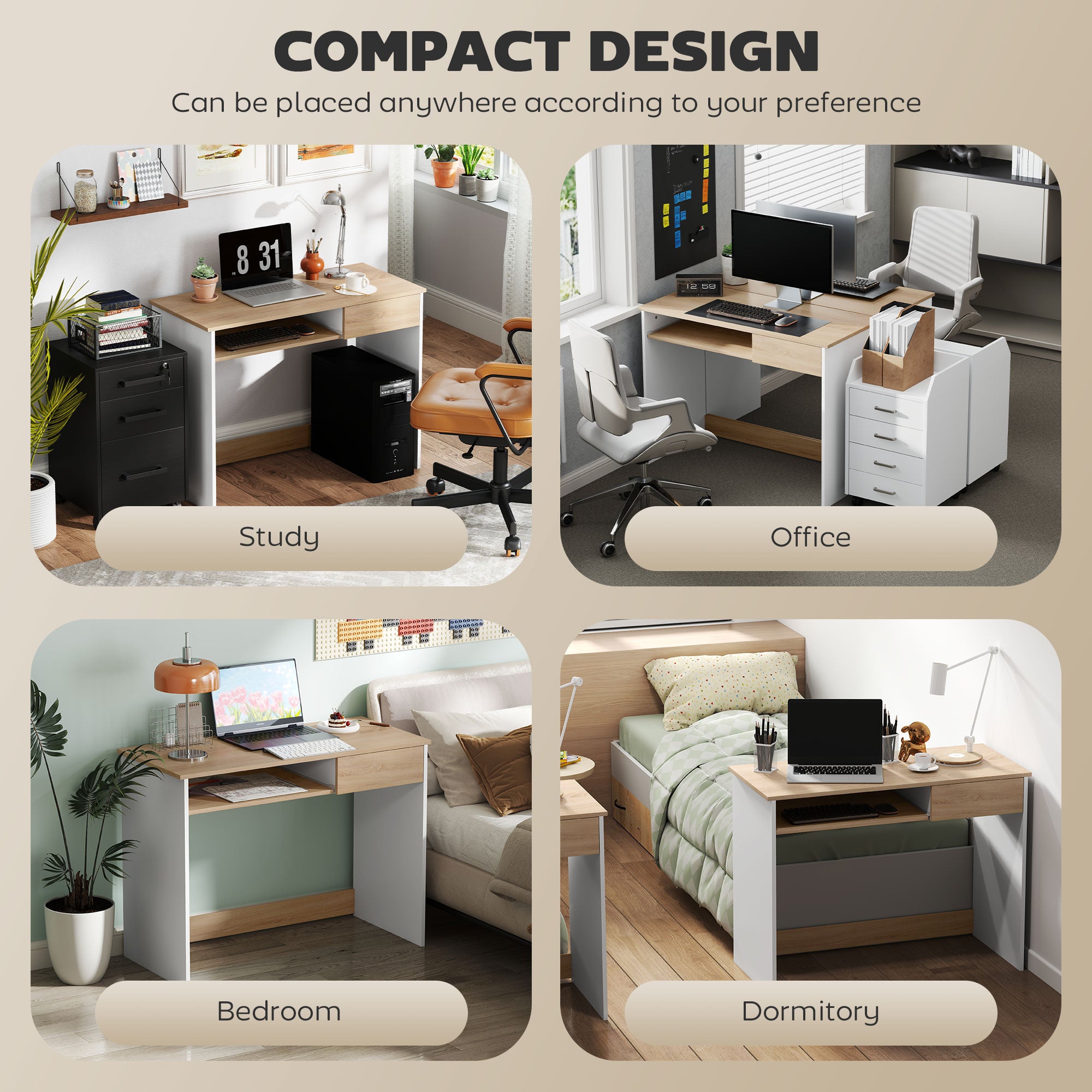 HOMCOM 100cm Compact Computer Desk with Keyboard Tray, Home Office Desk with Drawer for Bedroom Study, Oak - North Peak Garden Furniture