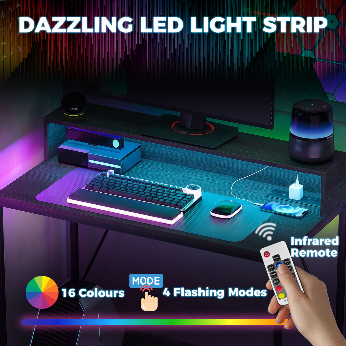 HOMCOM Gaming Desk, 100cm Computer Desk with LED Lights, Power Outlets, Monitor Stand and Remote, Black Wood-Effect