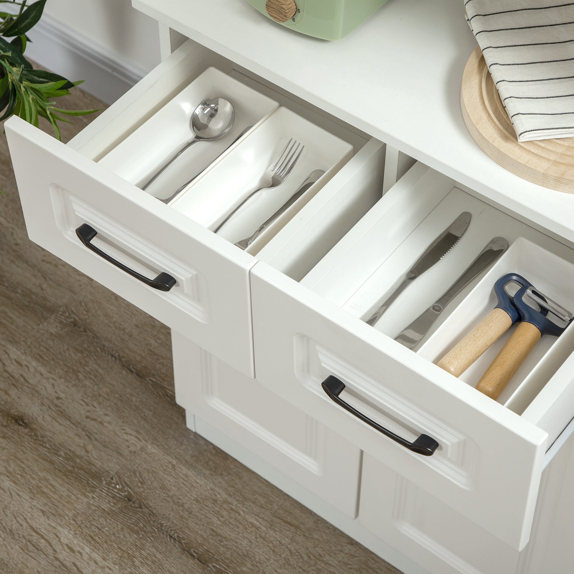 HOMCOM Kitchen Cupboard, Freestanding Storage Cabinet with 2 Adjustable Shelves, 2 Drawers and Open Counter for Living Room, Dining Room, 168cm, White - North Peak Garden Furniture